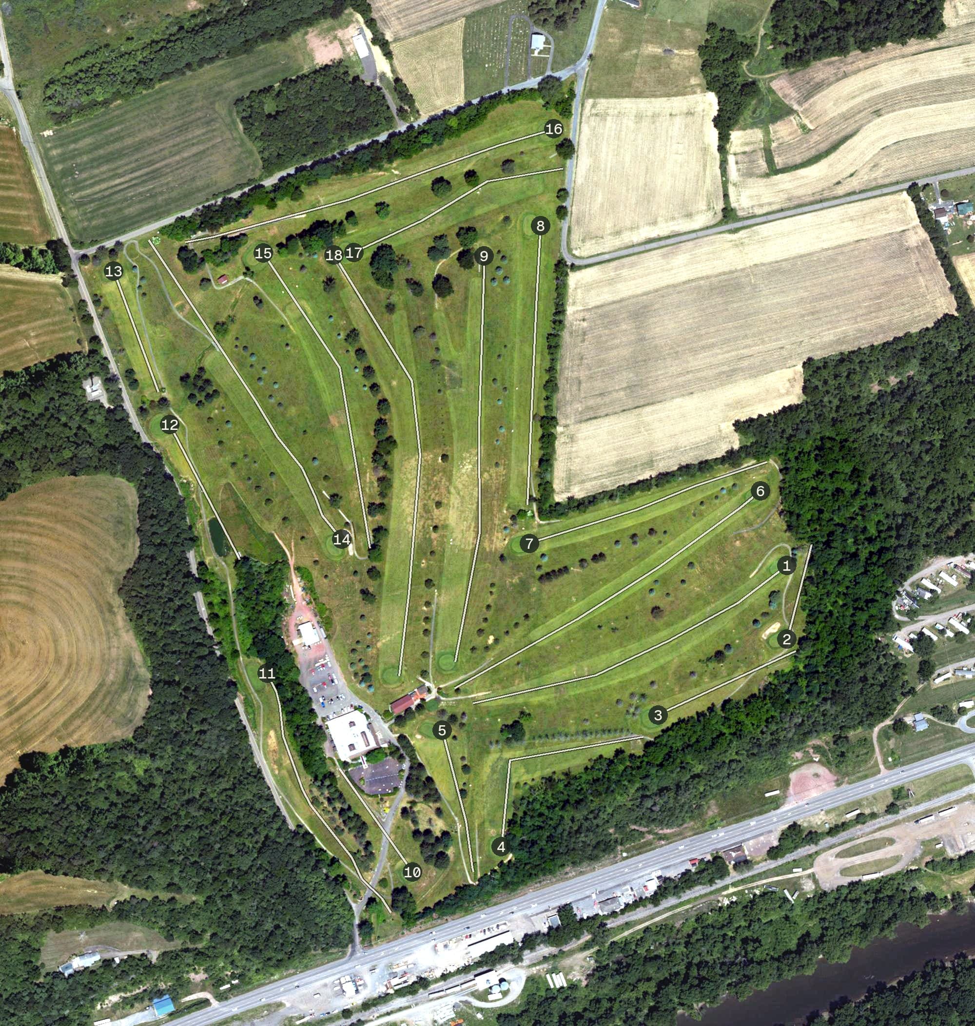 Aerial view of Rolling Pines Golf Course, PA, with its hole routing marked