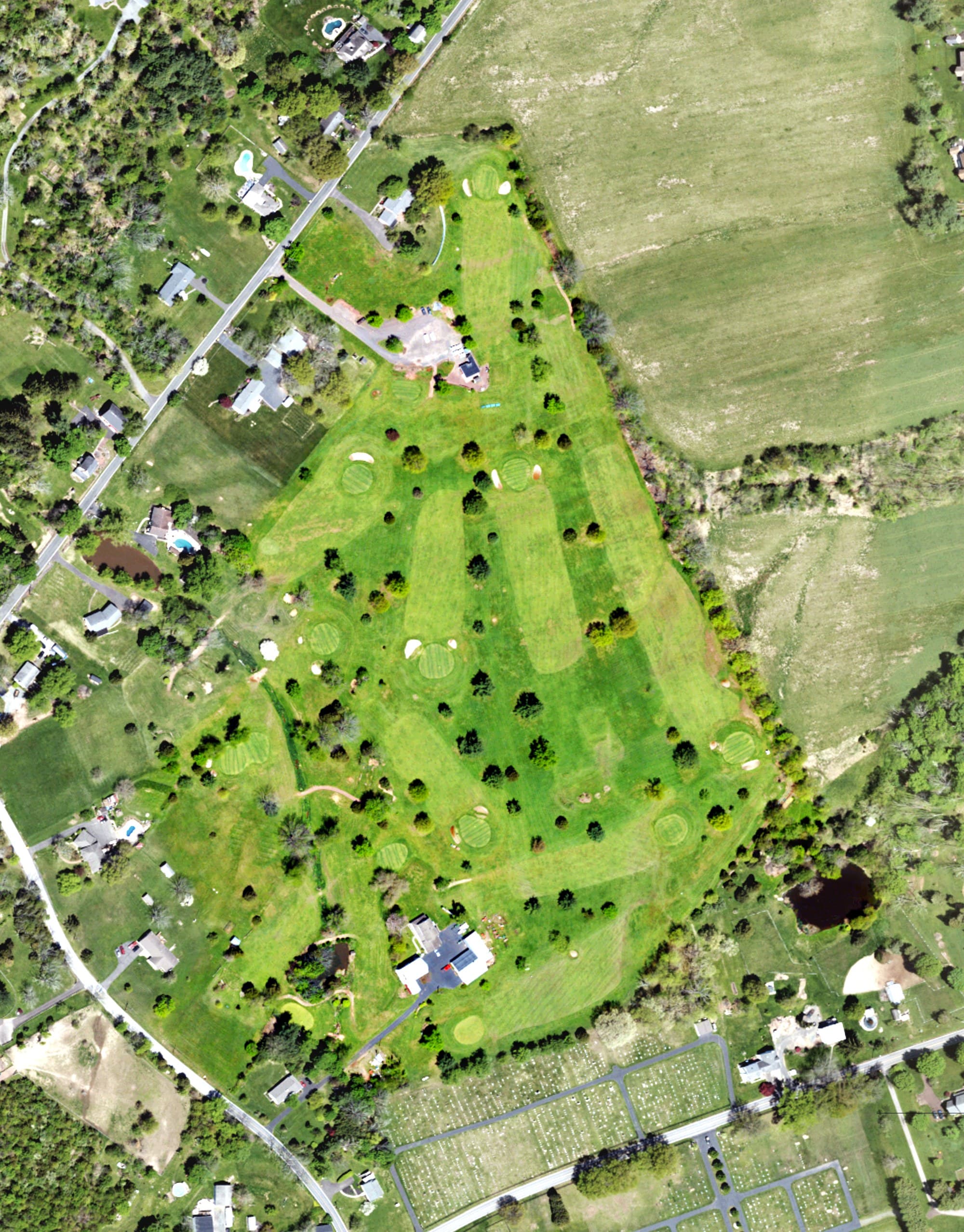 Aerial view of Rolling Turf Golf Course, PA, with its hole routing marked