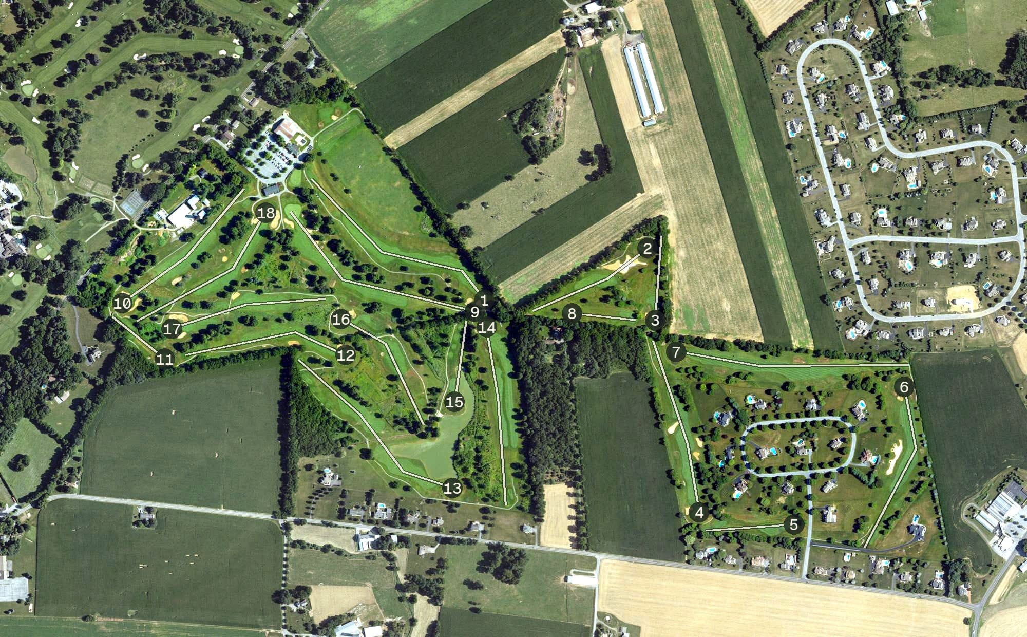 Aerial view of Royal Oaks Golf Club, PA, with its hole routing marked