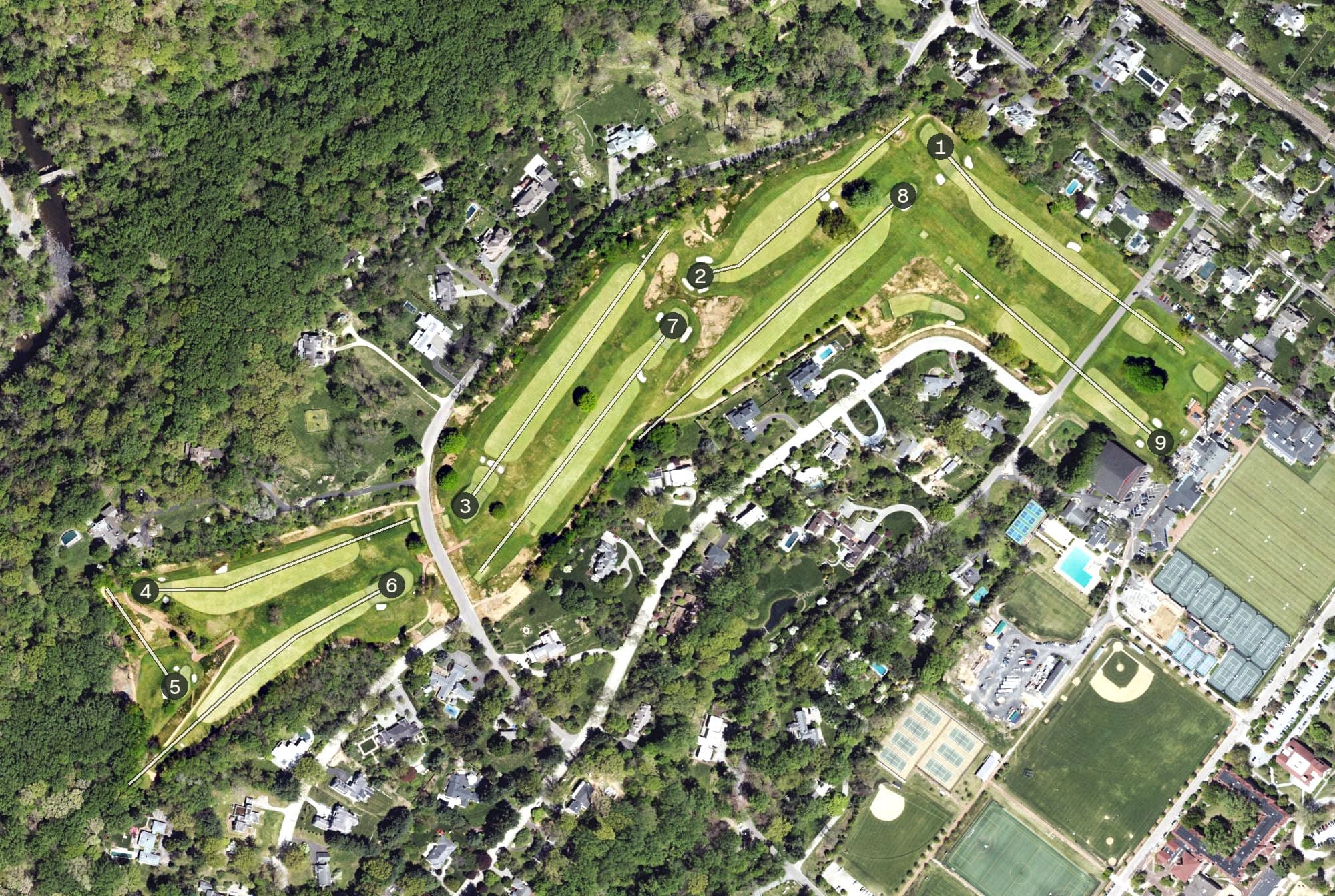 Aerial view of Saint Martin's Golf Course, PA, with its hole routing marked