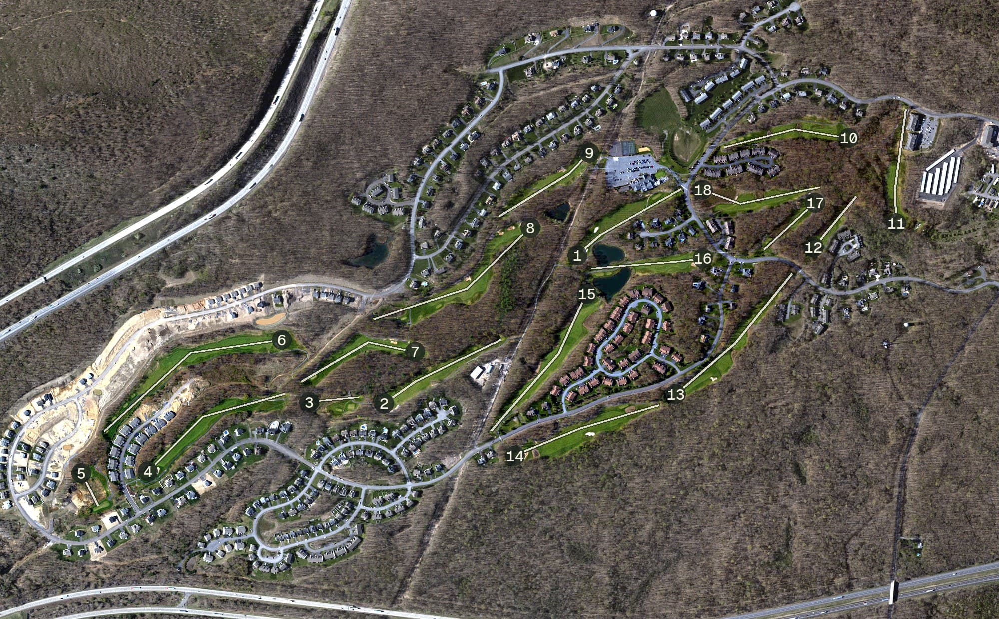 Aerial view of Sand Springs Country Club, PA, with its hole routing marked