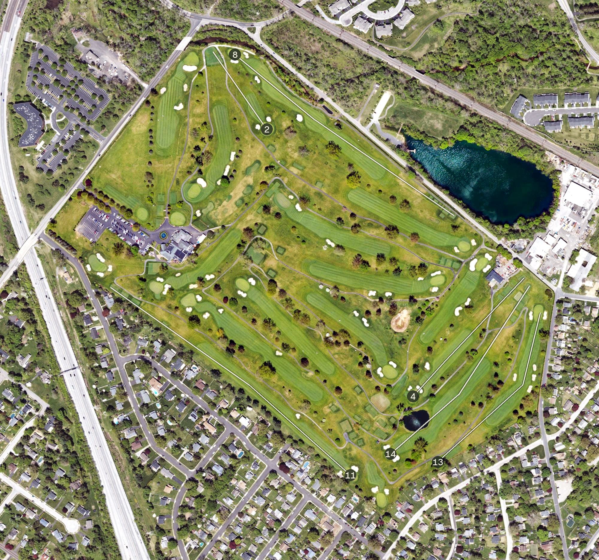 Aerial view of Sandy Run Country Club, PA, with its hole routing marked