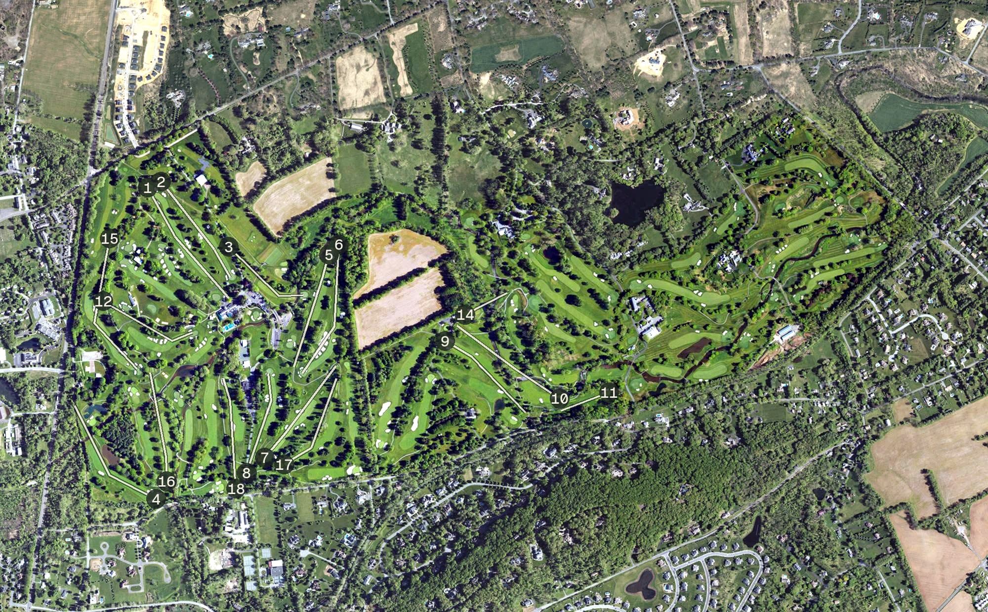 Aerial view of Saucon Valley Country Club, PA, with its hole routing marked
