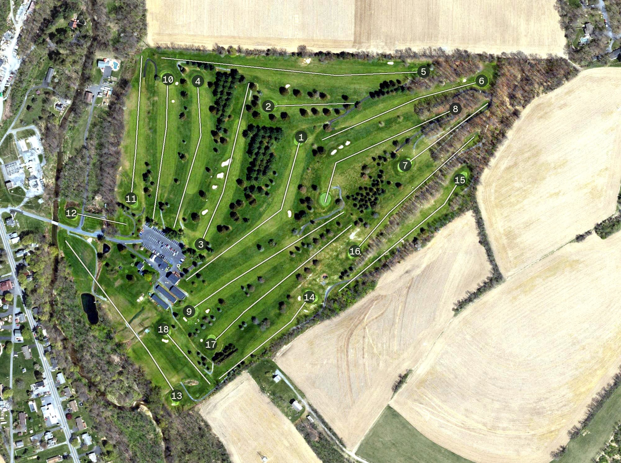 Aerial view of Sawmill Golf Course, PA, with its hole routing marked