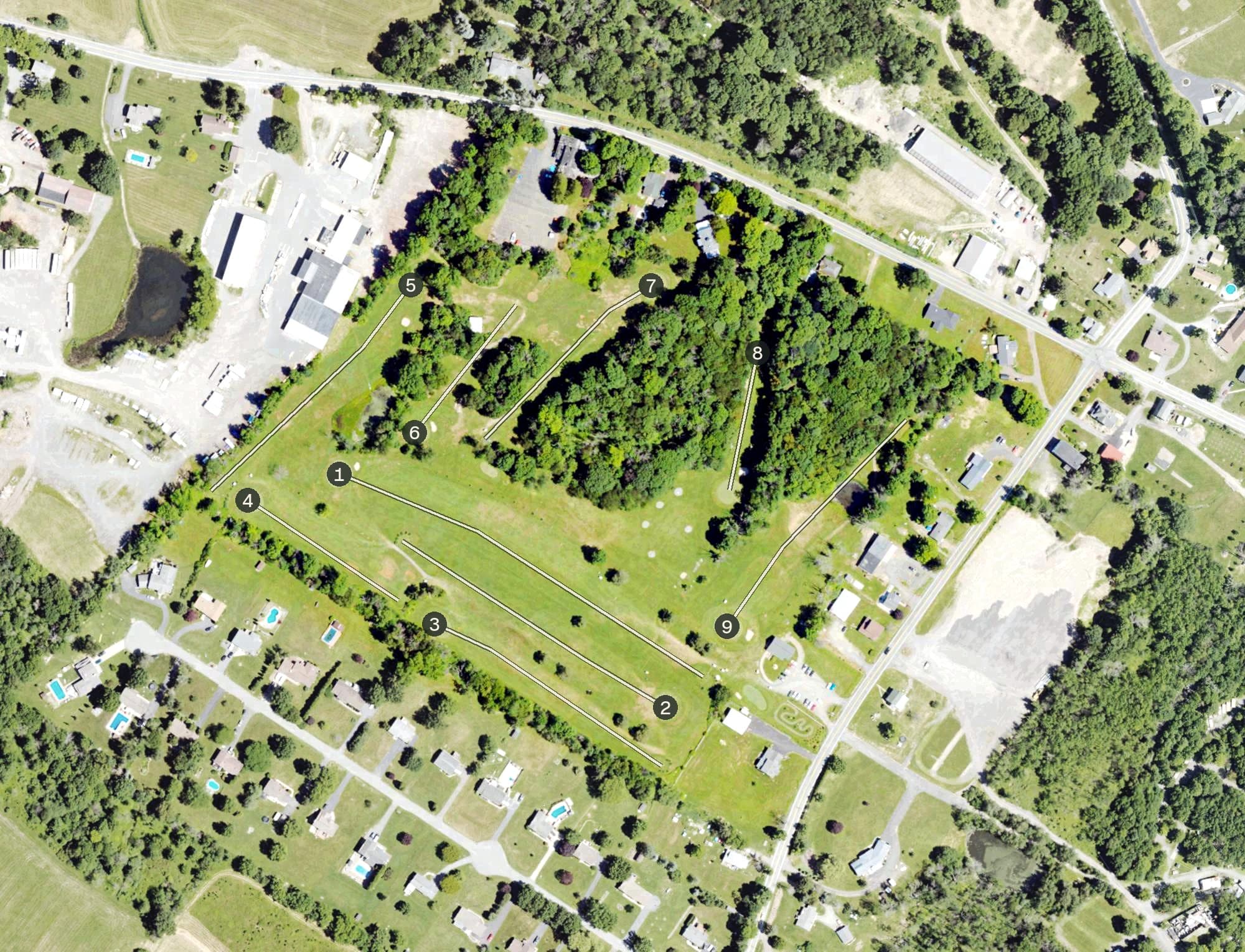 Aerial view of Scott's Greens Golf Course, PA, with its hole routing marked