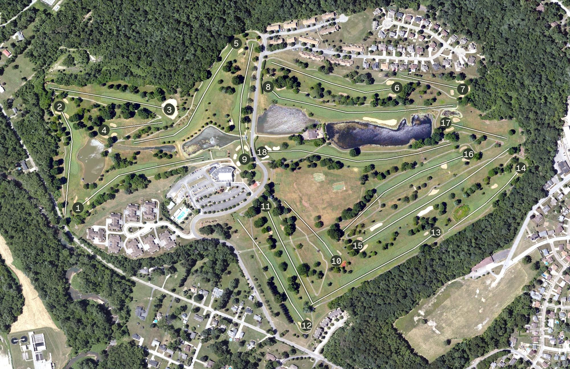 Aerial view of Shadow Lakes Golf Course, PA, with its hole routing marked