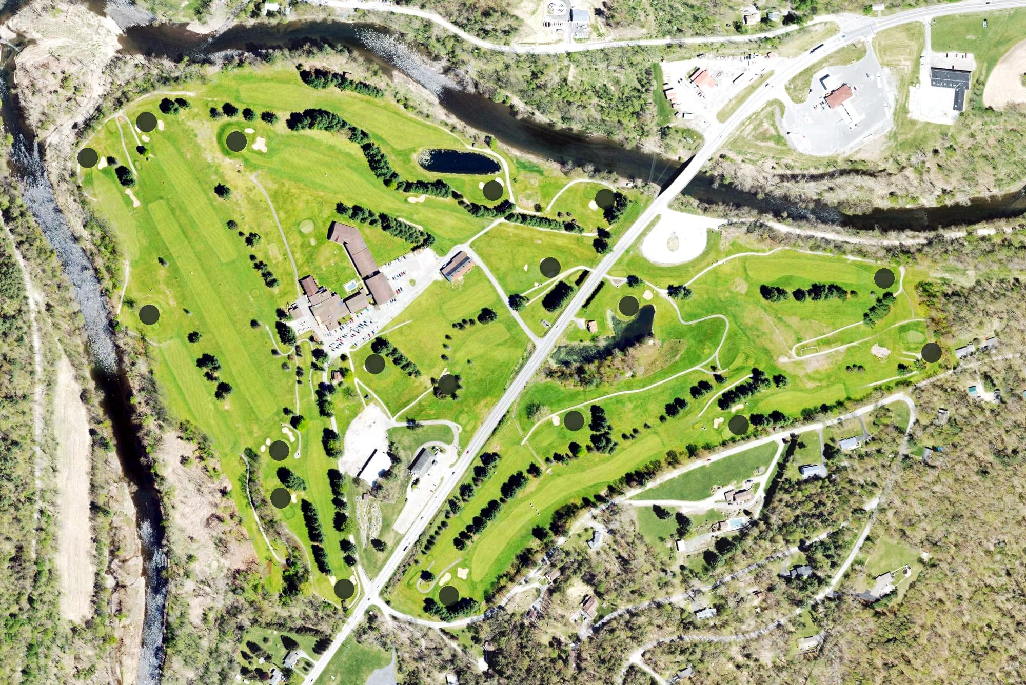 Aerial view of Shadowbrook Golf Course, PA, with its hole routing marked
