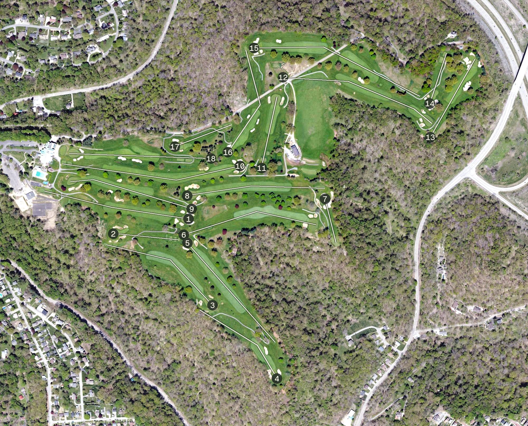 Aerial view of Shannopin Country Club, PA, with its hole routing marked