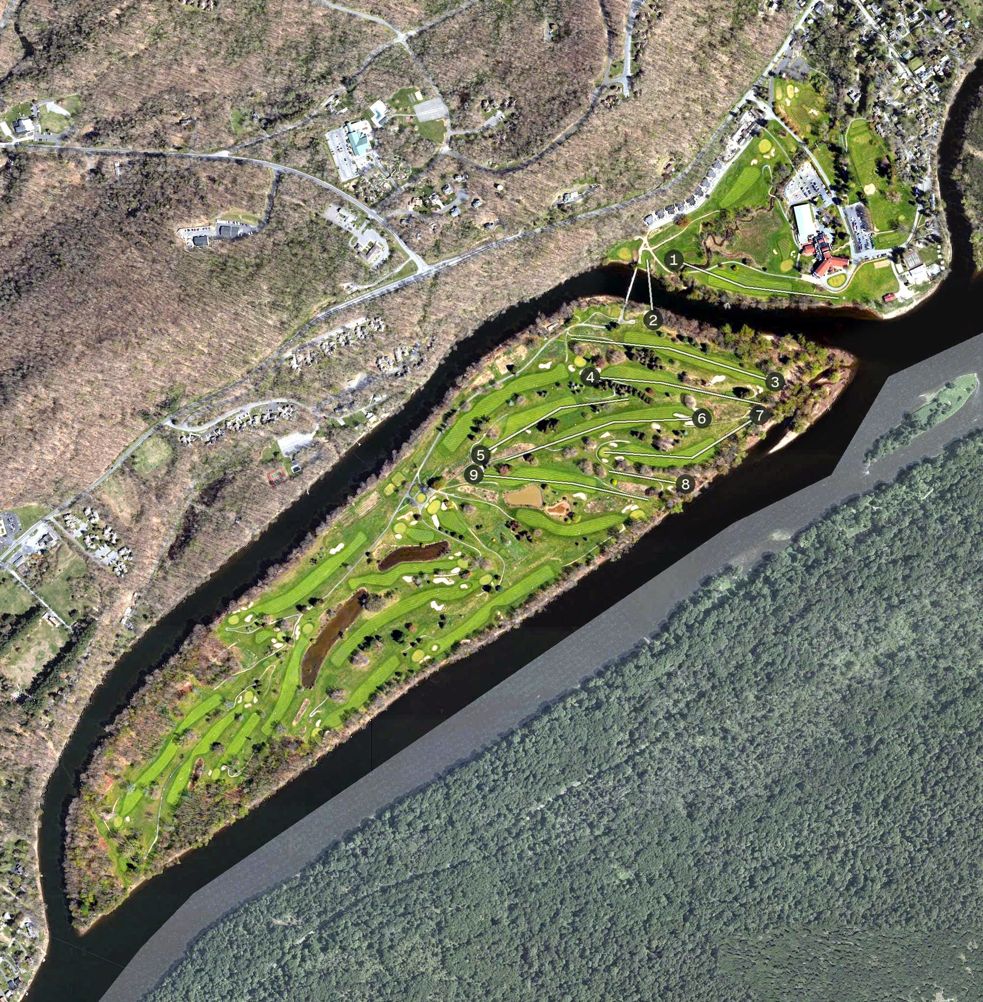 Aerial view of Shawnee Golf Course, PA, with its hole routing marked