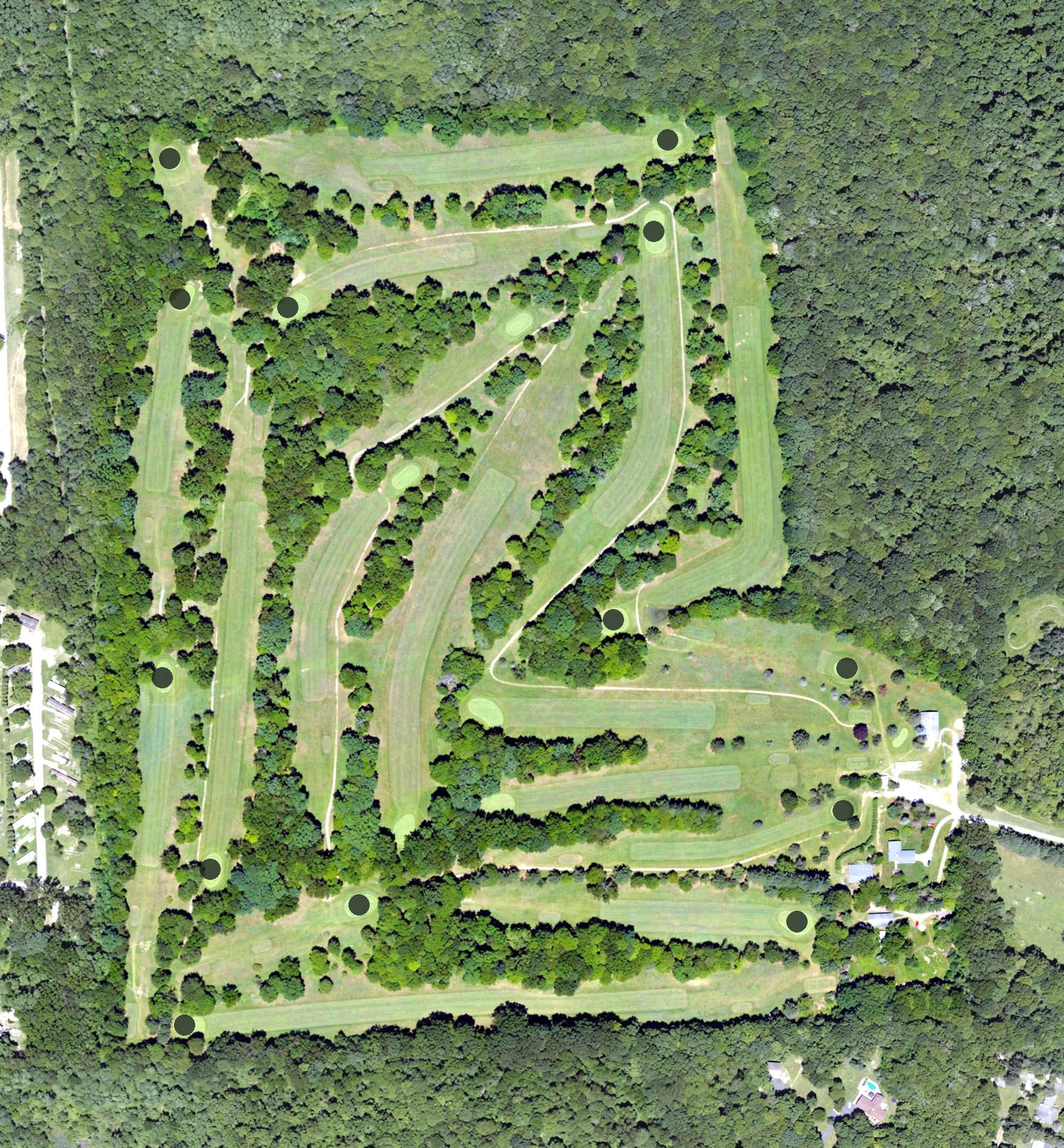 Aerial view of Shenango Lake Golf Course, PA, with its hole routing marked