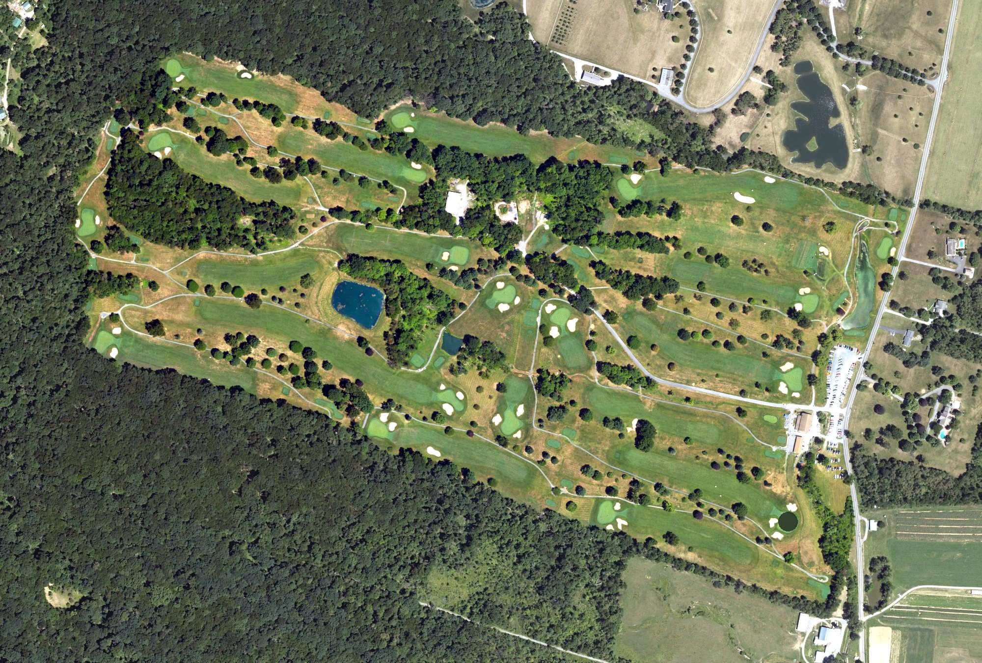 Aerial view of Sinking Valley Country Club, PA, with its hole routing marked