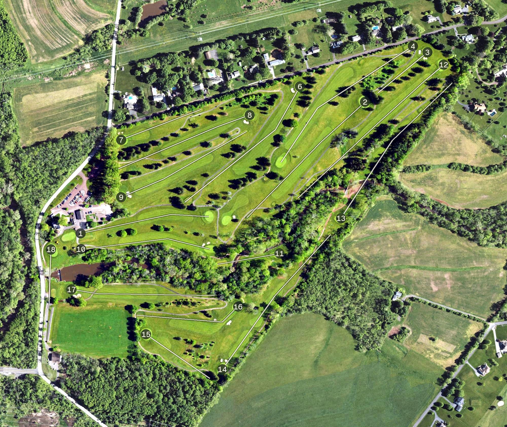 Aerial view of Skippack Golf Course, PA, with its hole routing marked