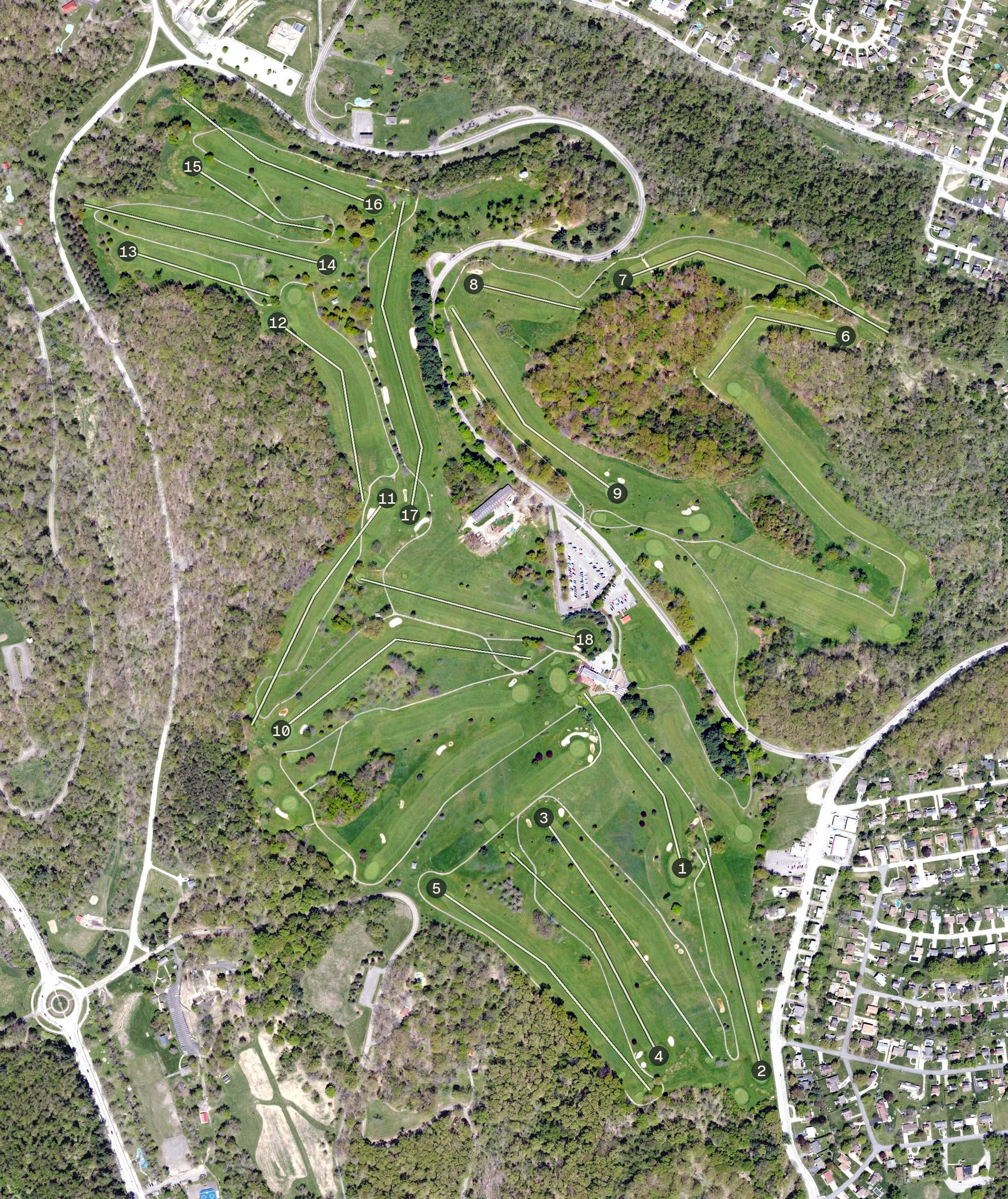 Aerial view of South Park Golf Course, PA, with its hole routing marked