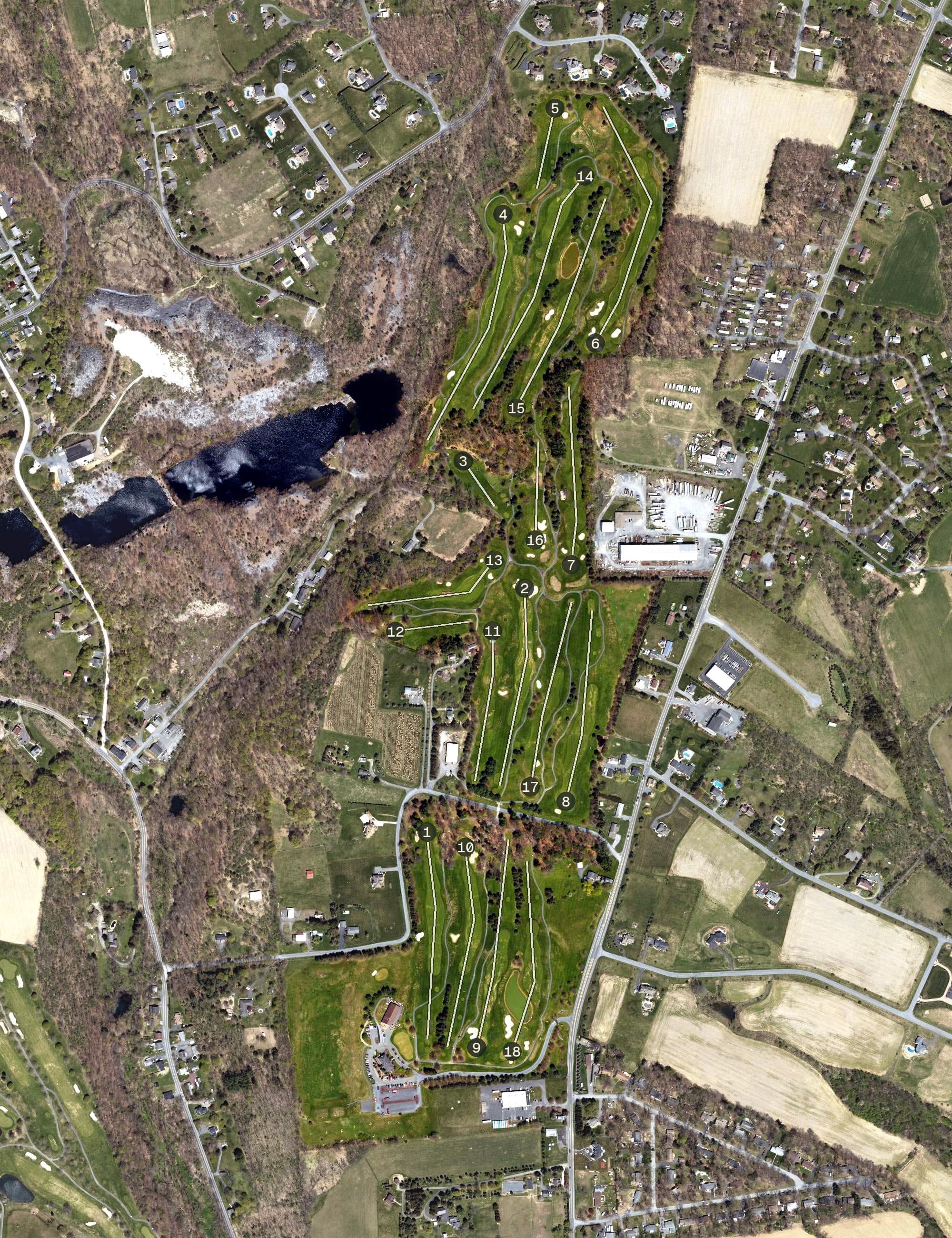 Aerial view of Southmoore Golf Course, PA, with its hole routing marked