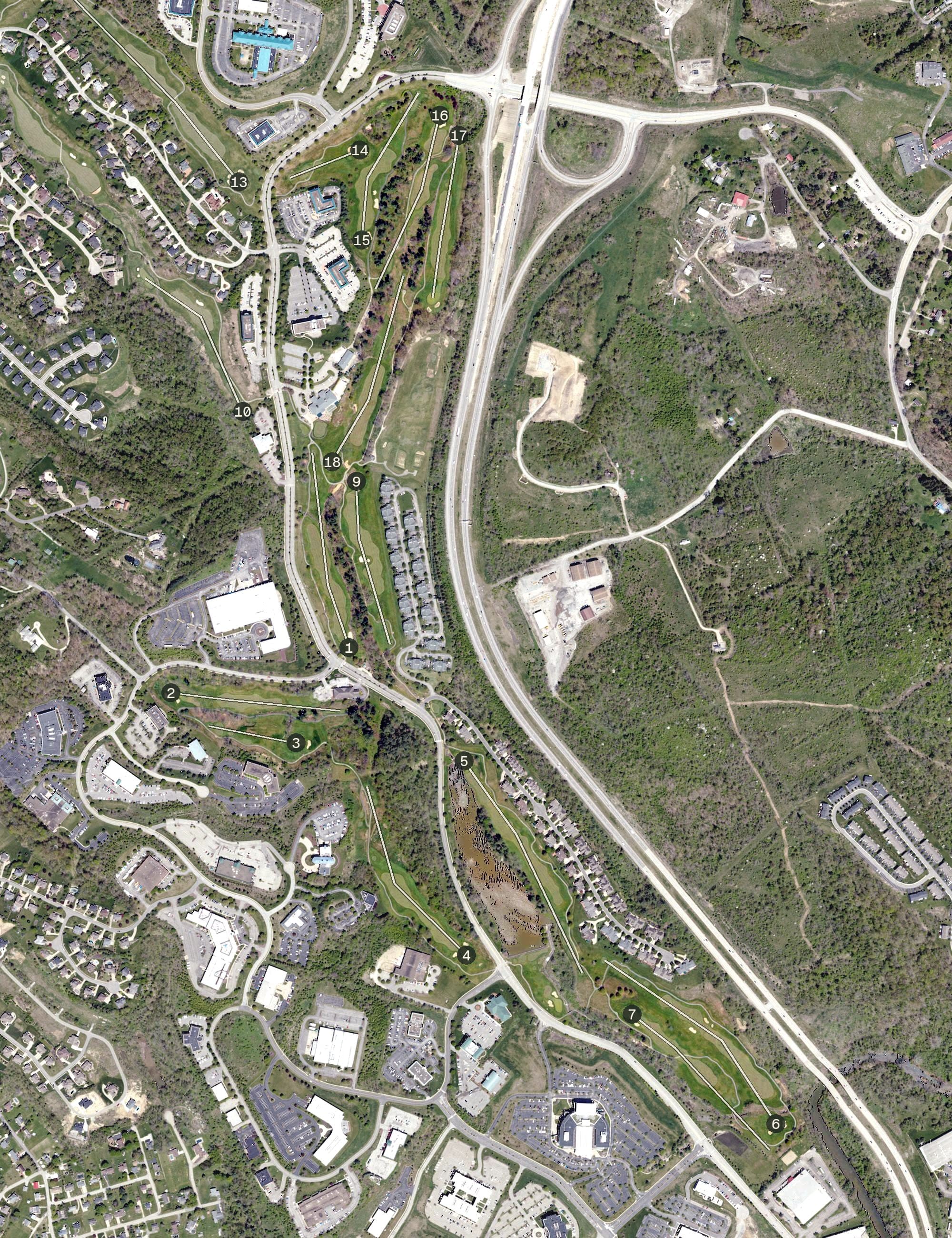Aerial view of Southpointe Golf Club, PA, with its hole routing marked