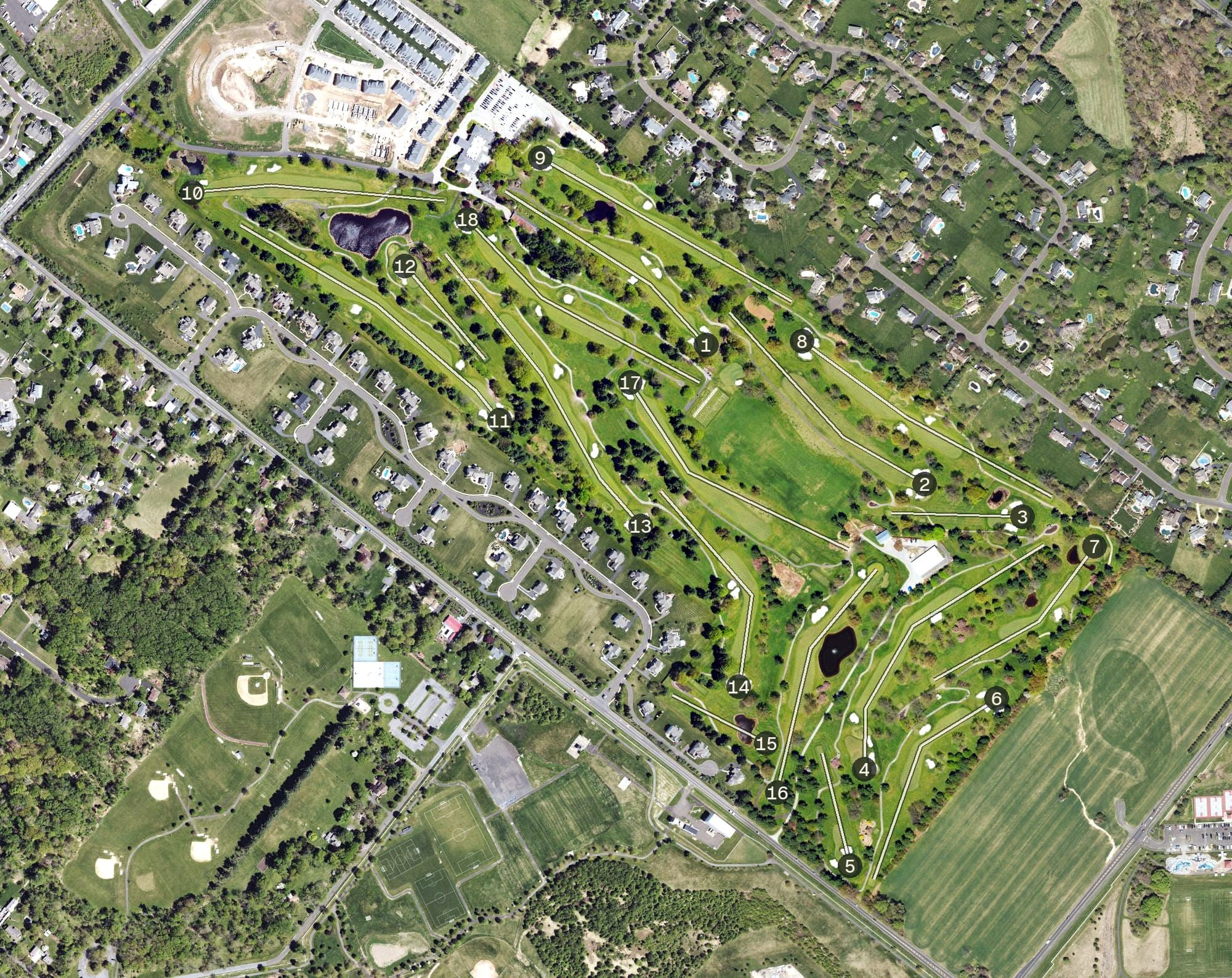 Aerial view of Spring Mill Country Club, PA, with its hole routing marked