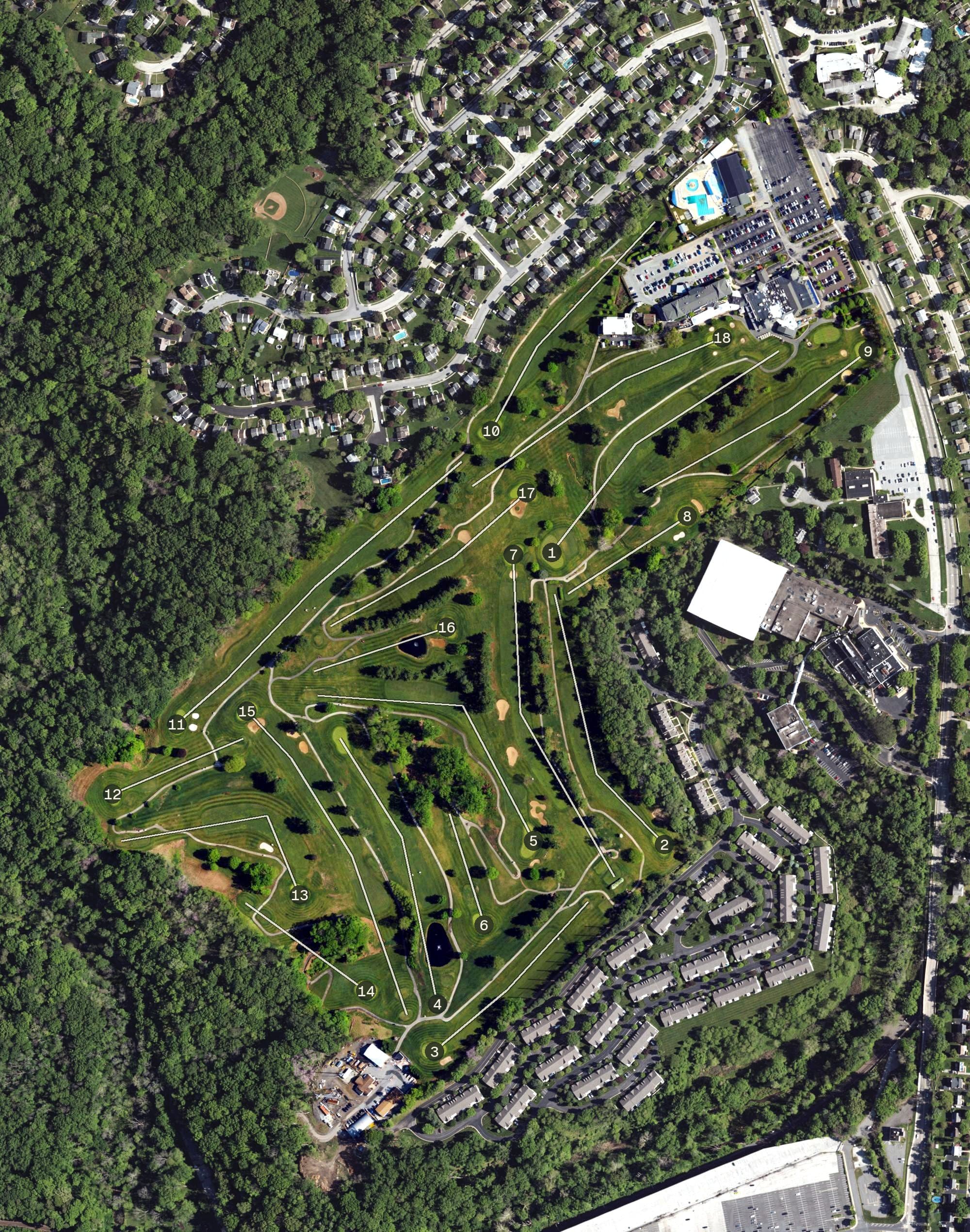 Aerial view of Springfield Country Club, PA, with its hole routing marked