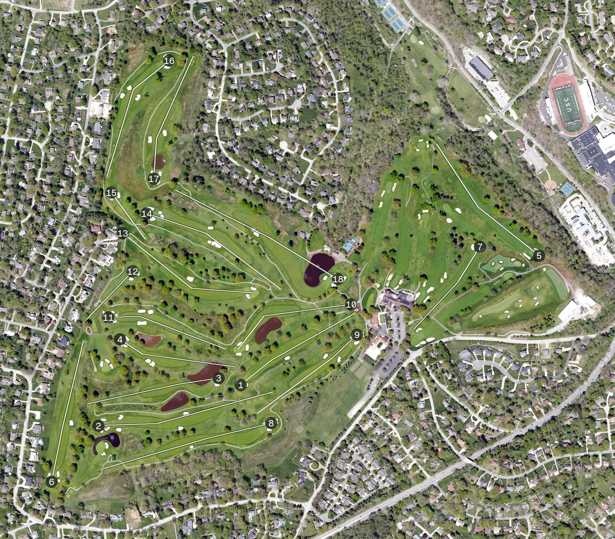 Aerial view of St. Clair Country Club, PA, with its hole routing marked