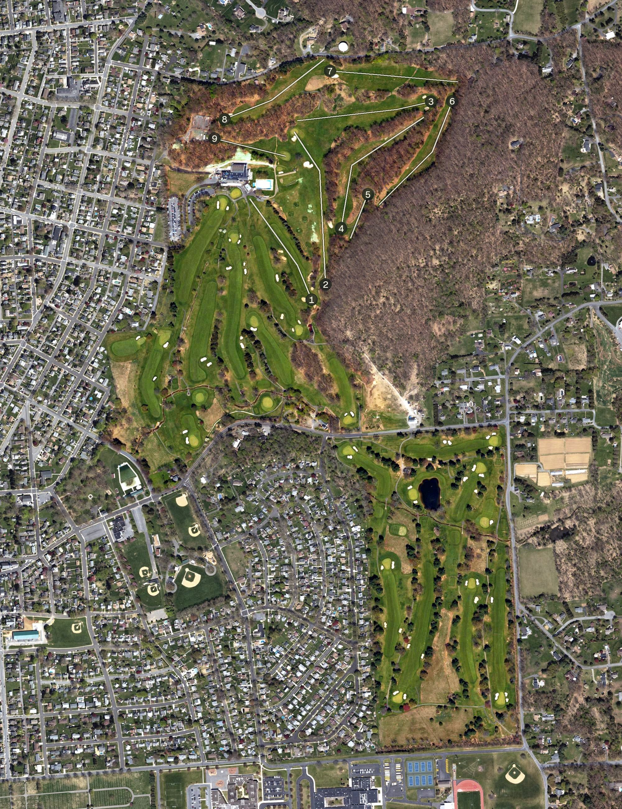 Aerial view of Steel Club, PA, with its hole routing marked