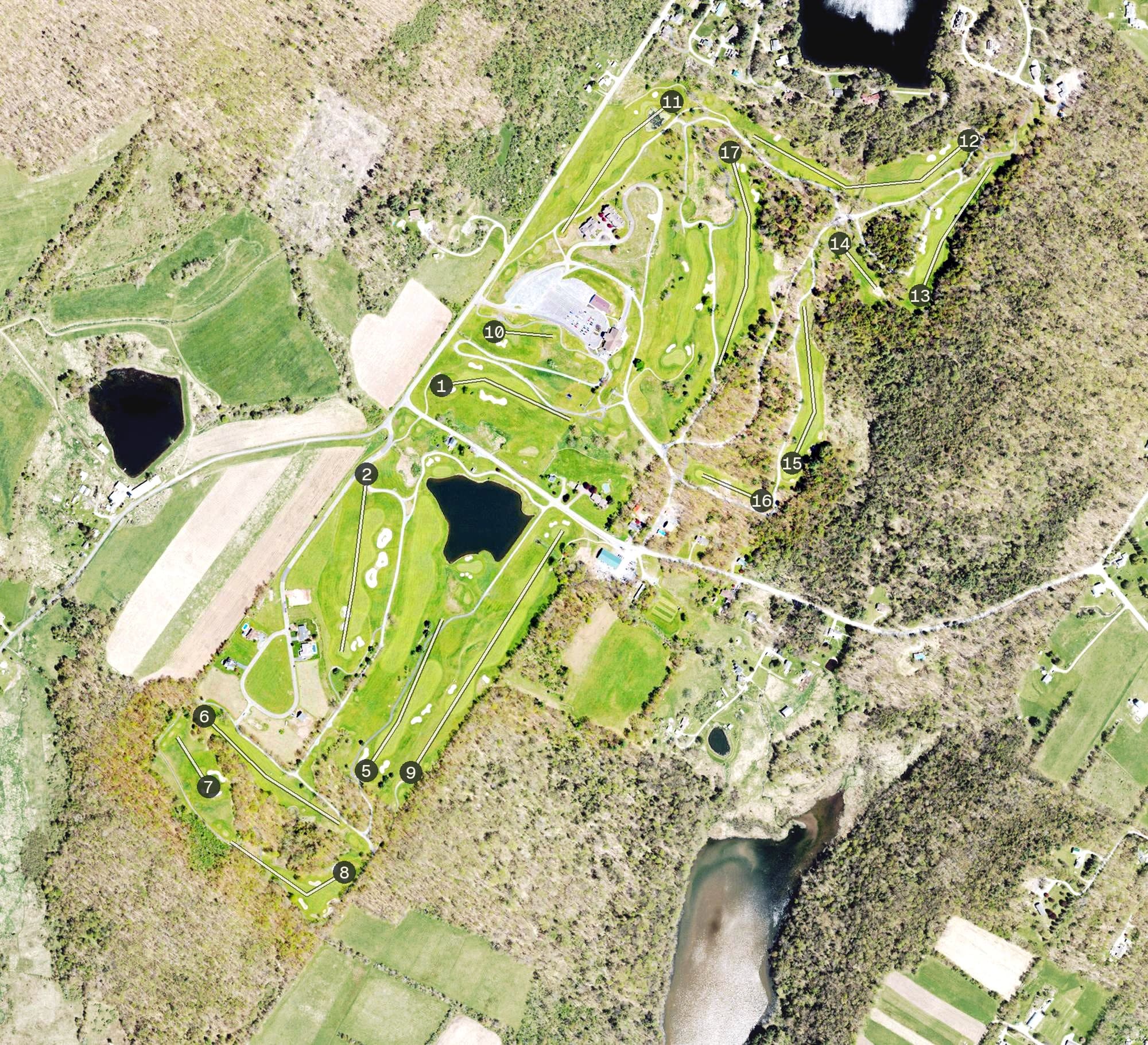 Aerial view of Stone Hedge Golf Course, PA, with its hole routing marked