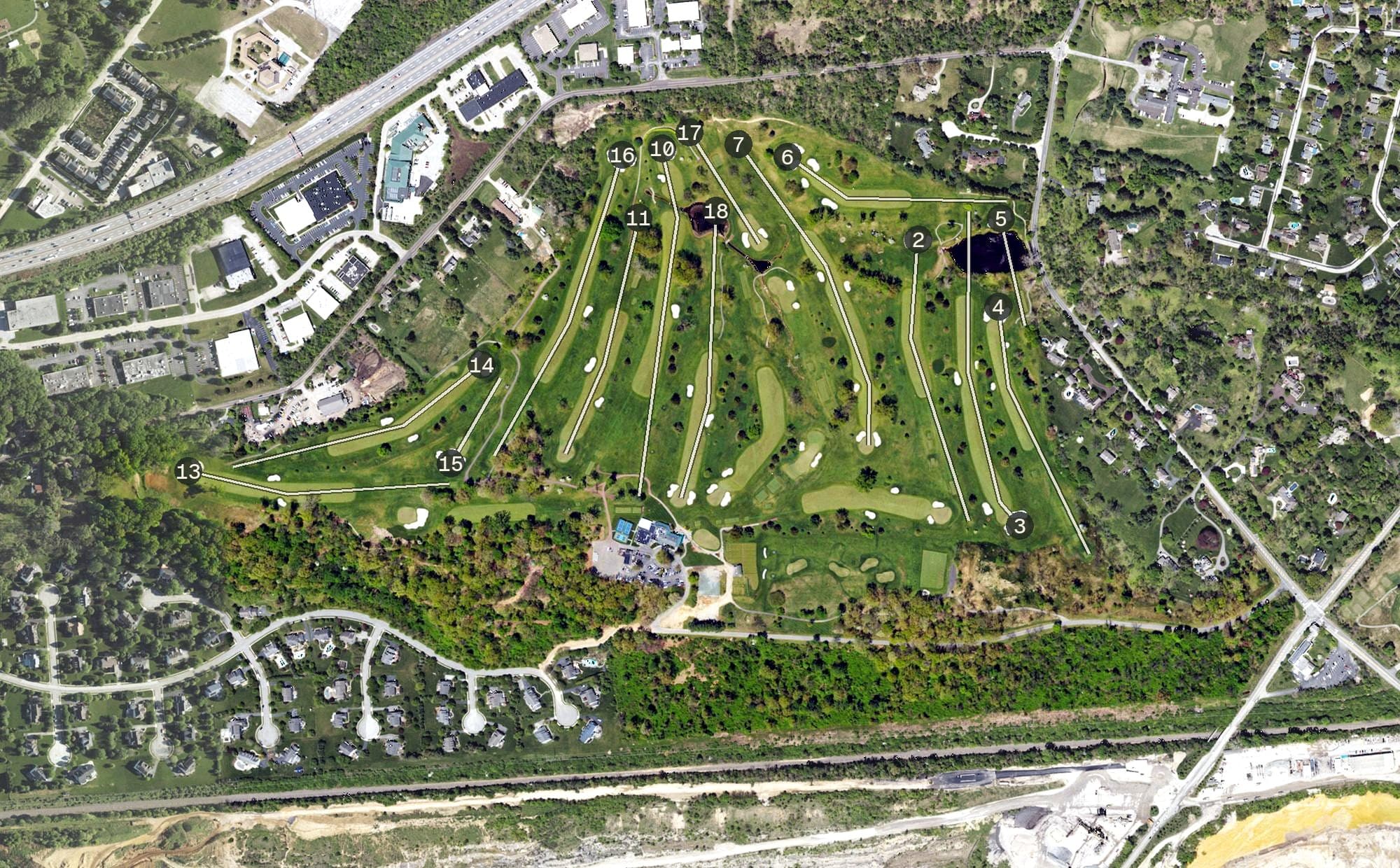 Aerial view of Sunnybrook Country Club, PA, with its hole routing marked