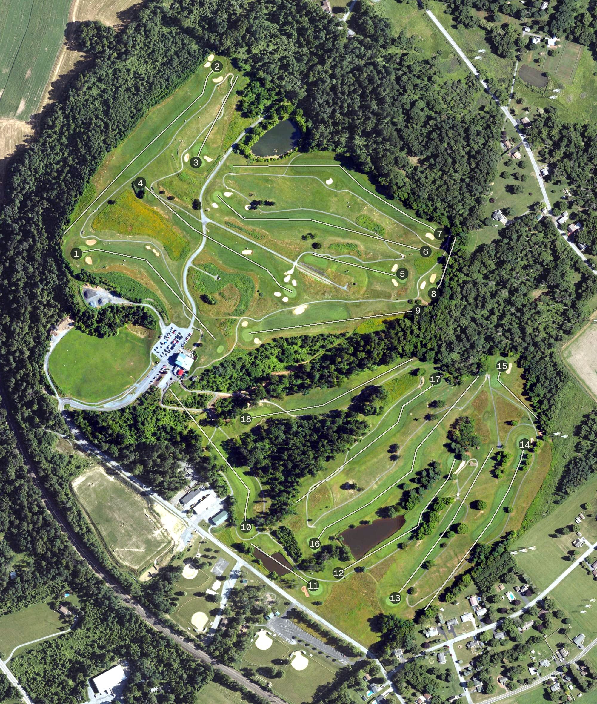 Aerial view of Sunset Golf Course, PA, with its hole routing marked