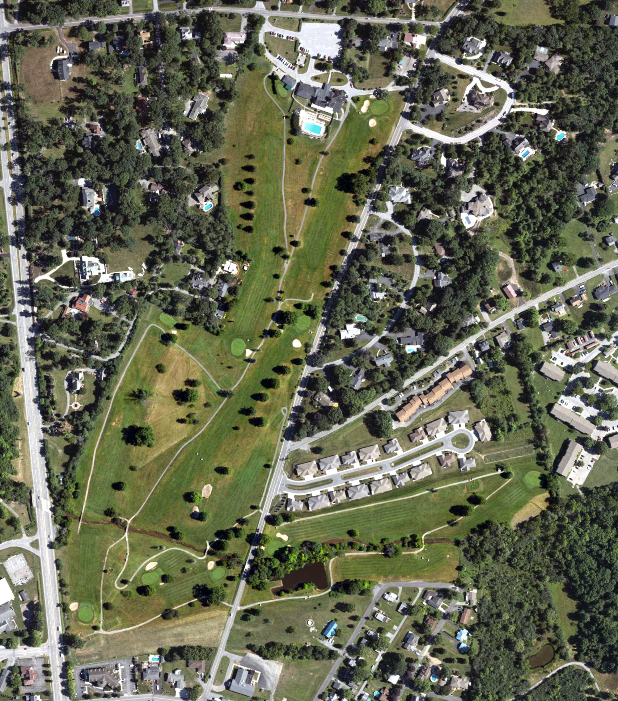Aerial view of Sylvan Hills Golf Course, PA, with its hole routing marked