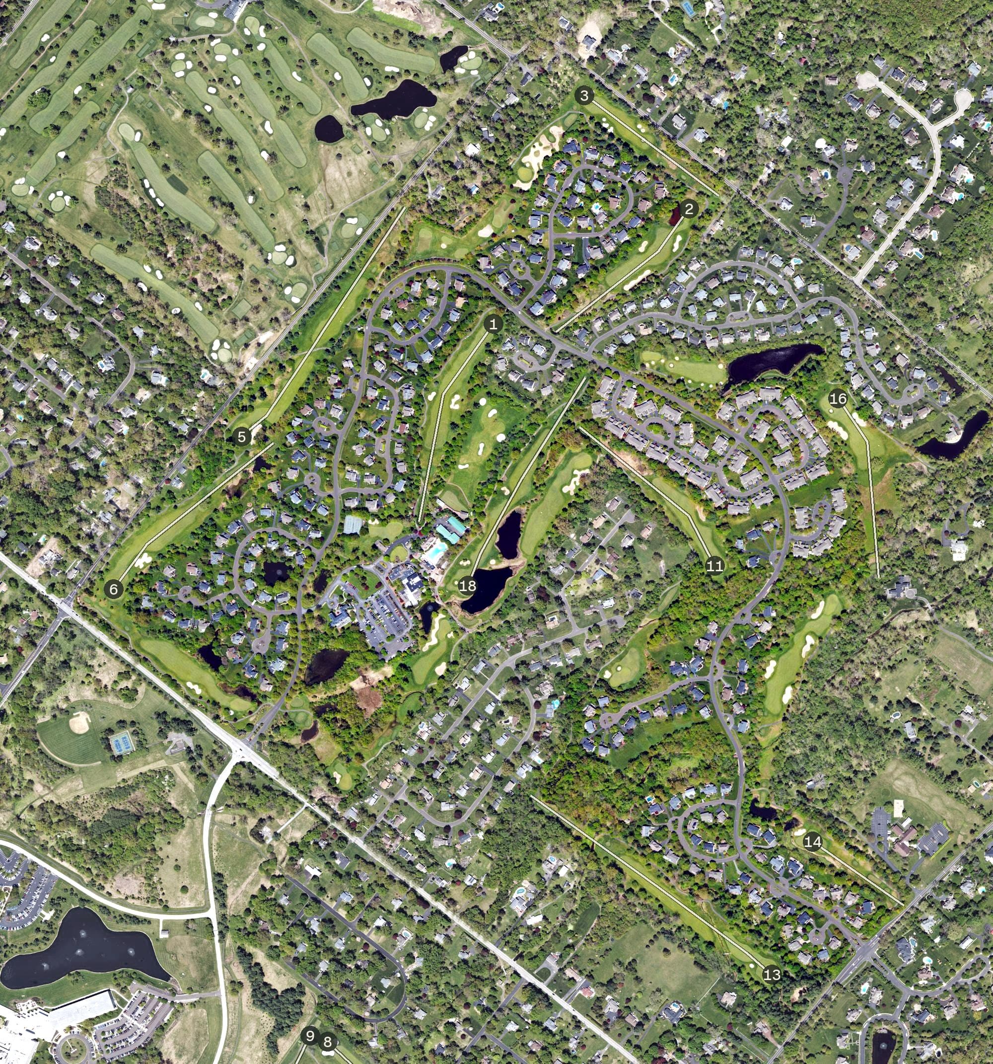 Aerial view of Talamore Country Club, PA, with its hole routing marked