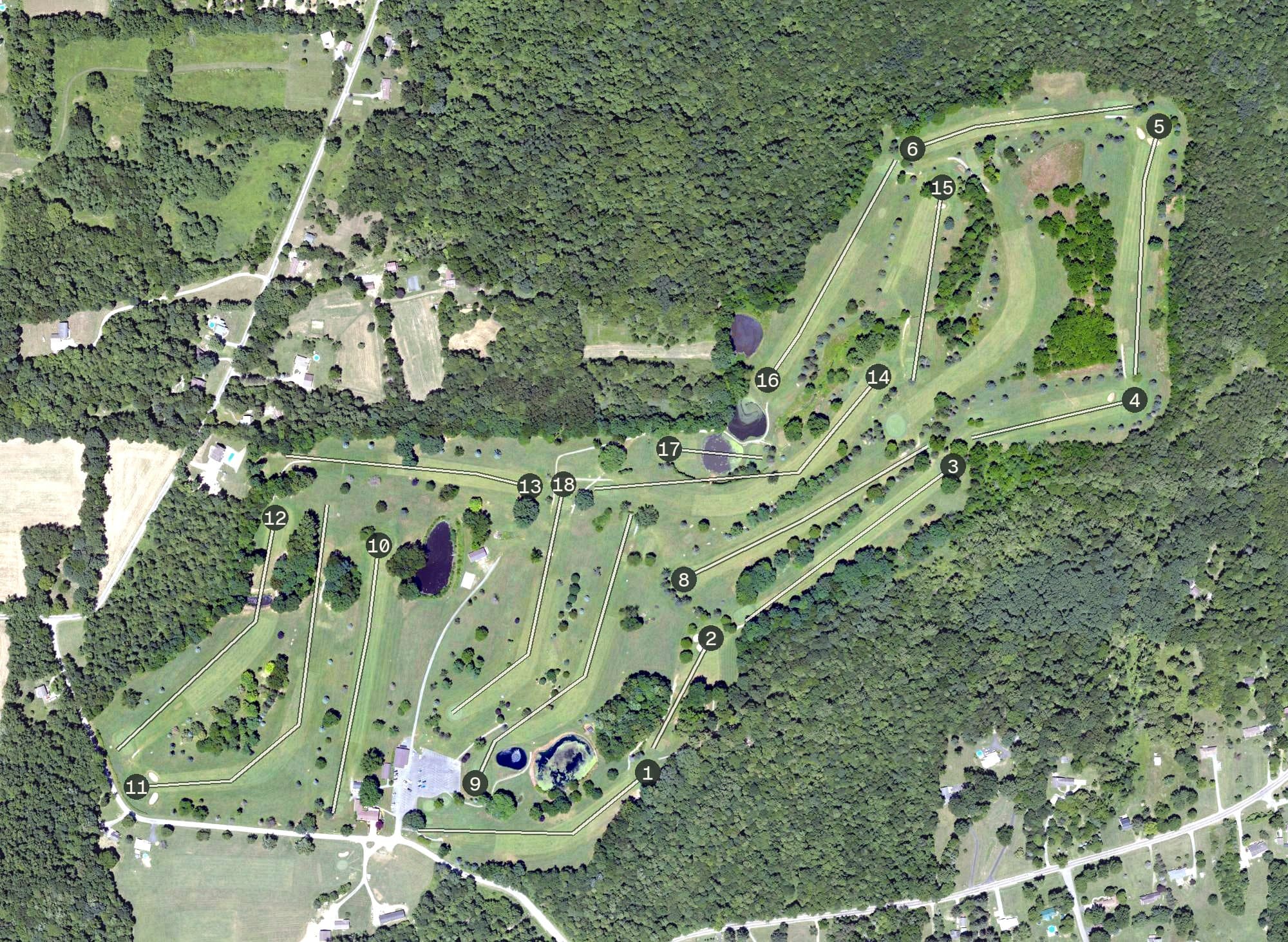 Aerial view of Tanglewood Golf Course, PA, with its hole routing marked