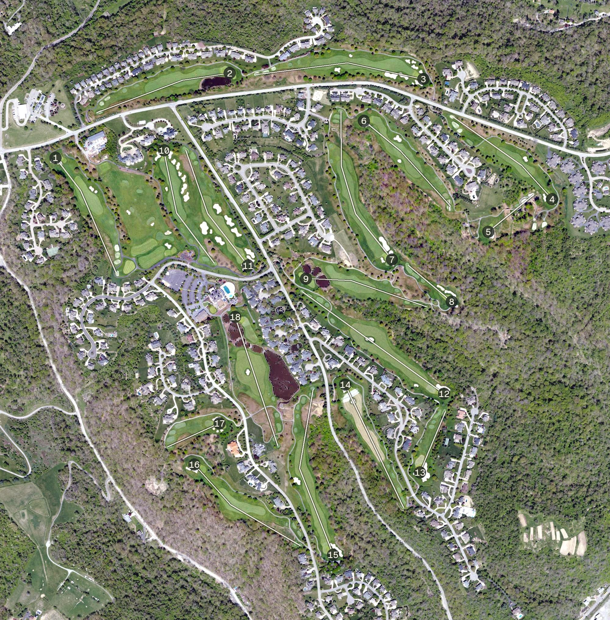 Aerial view of The Club at Nevillewood, PA, with its hole routing marked
