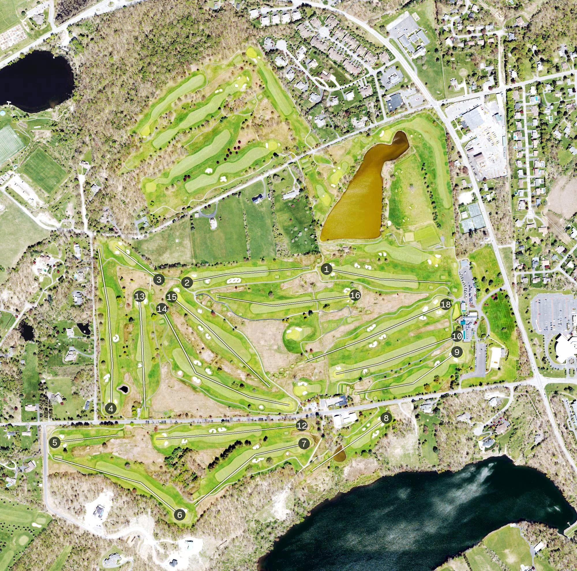 Aerial view of The Country Club of Scranton, PA, with its hole routing marked