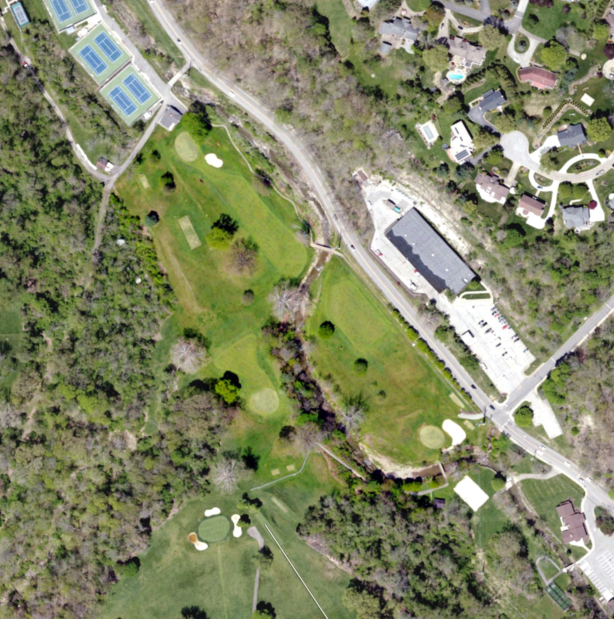 Aerial view of Three-Hole Golf Course, PA, with its hole routing marked