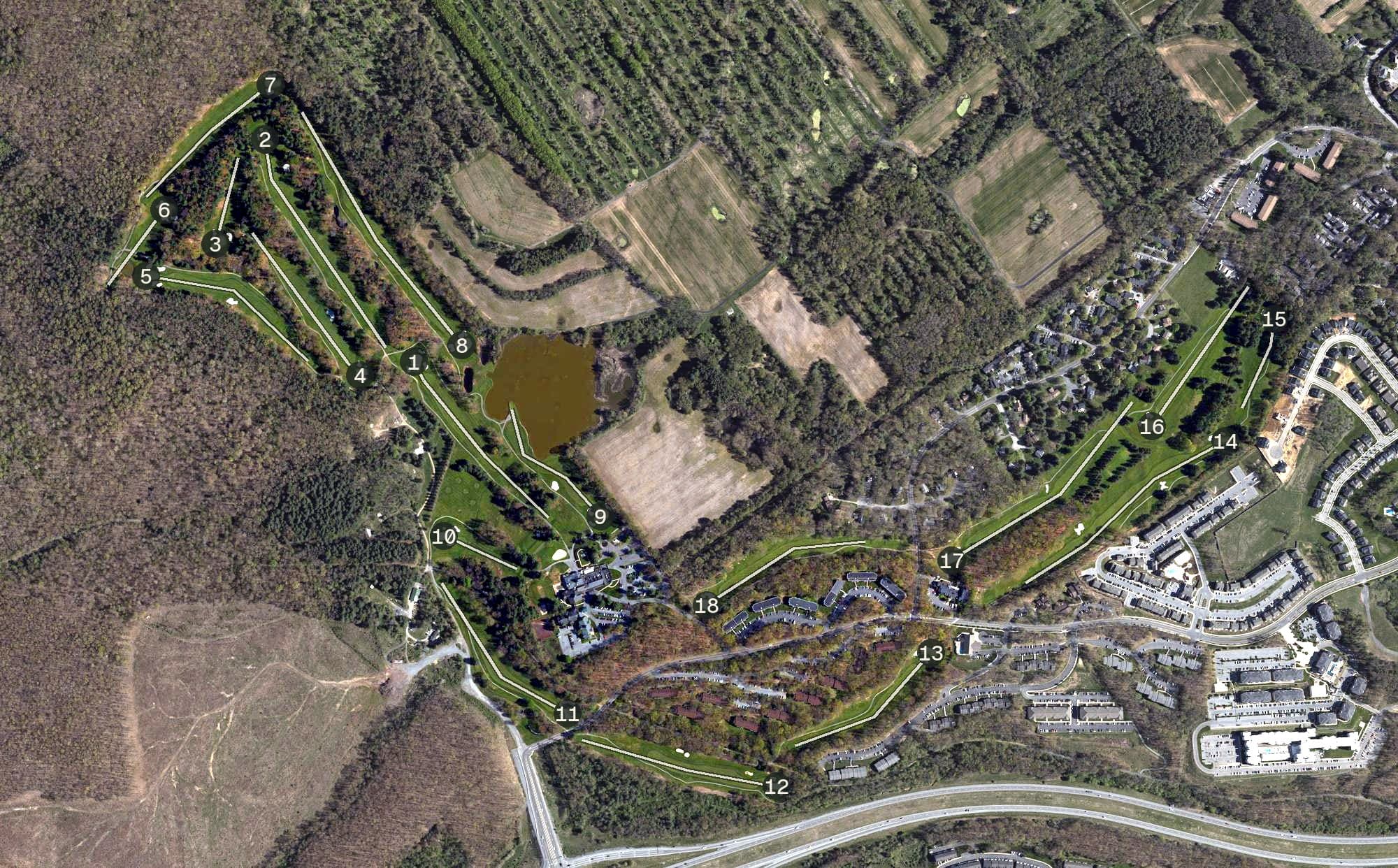 Aerial view of Toftrees Golf Course, PA, with its hole routing marked