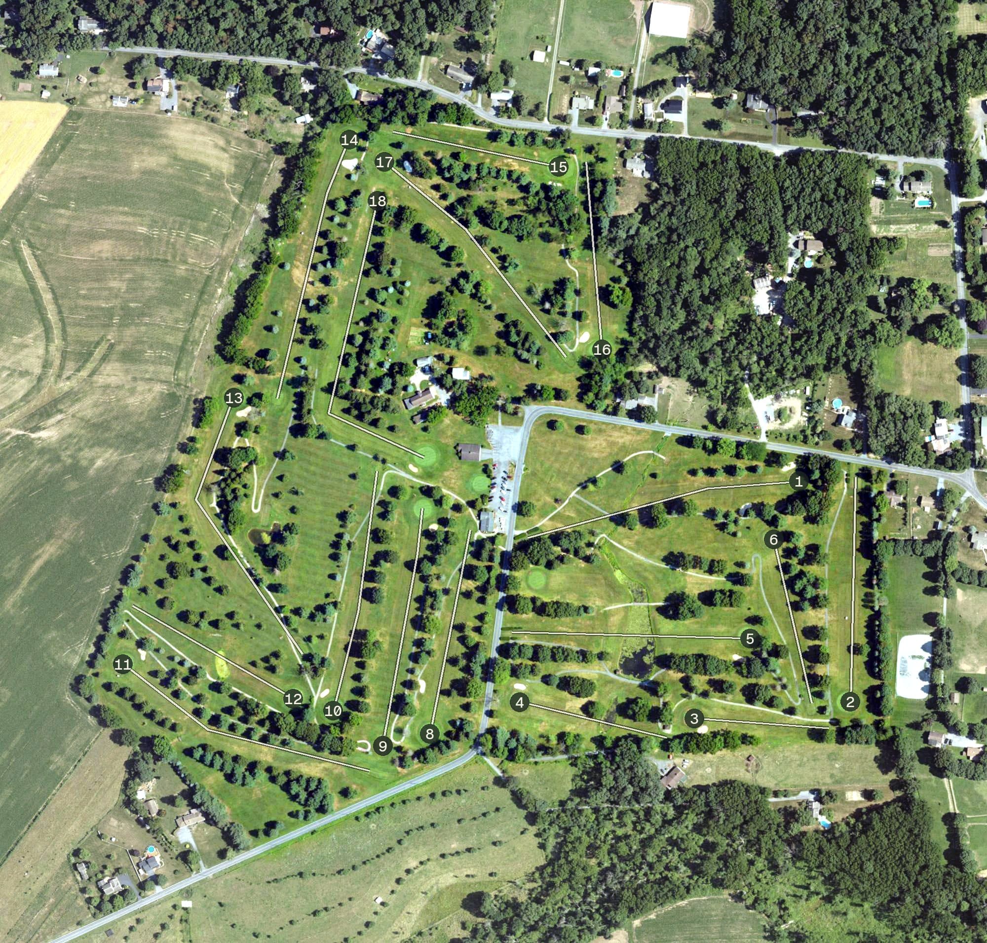 Aerial view of Treetop Golf Course, PA, with its hole routing marked