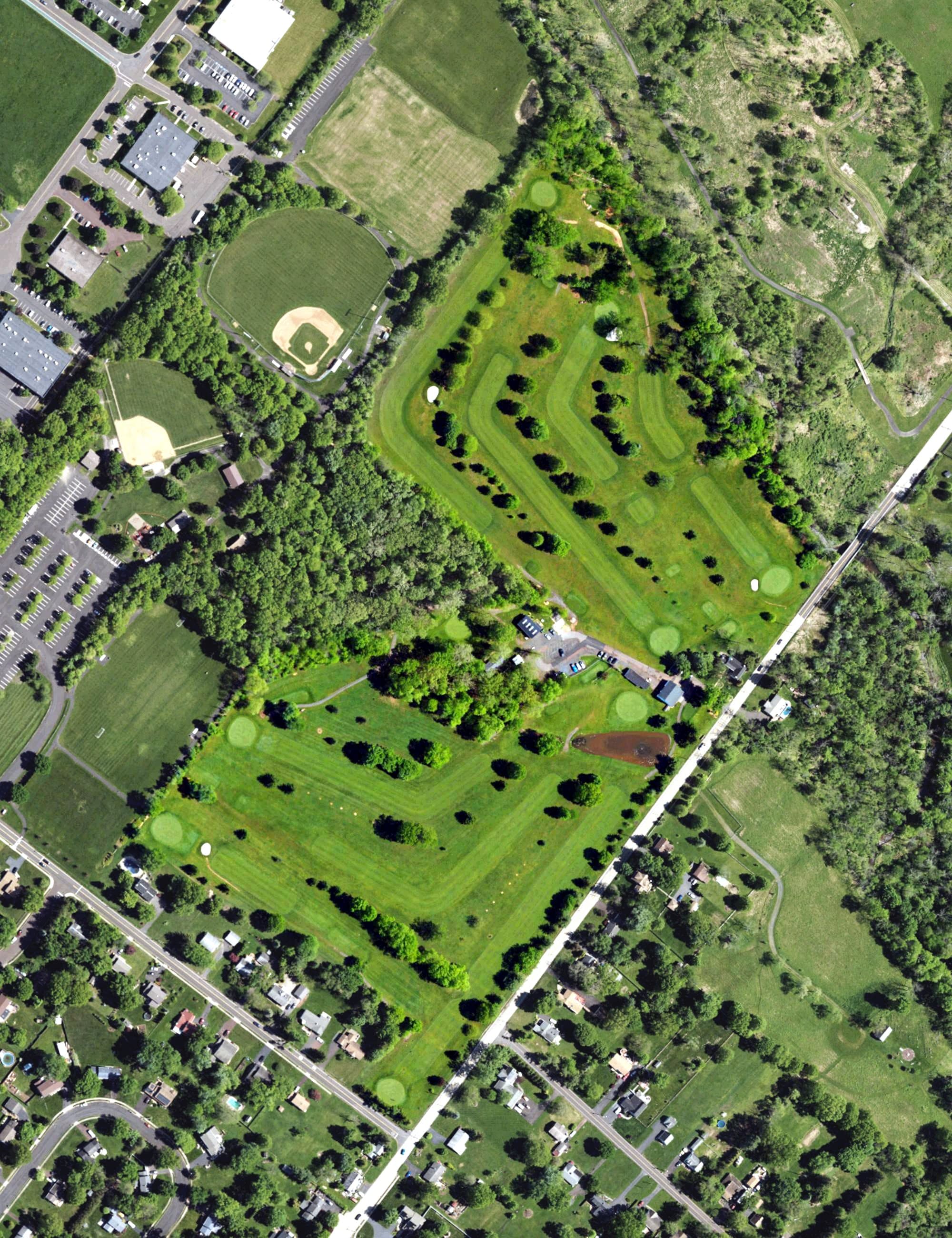 Aerial view of Twin Woods Golf Course, PA, with its hole routing marked