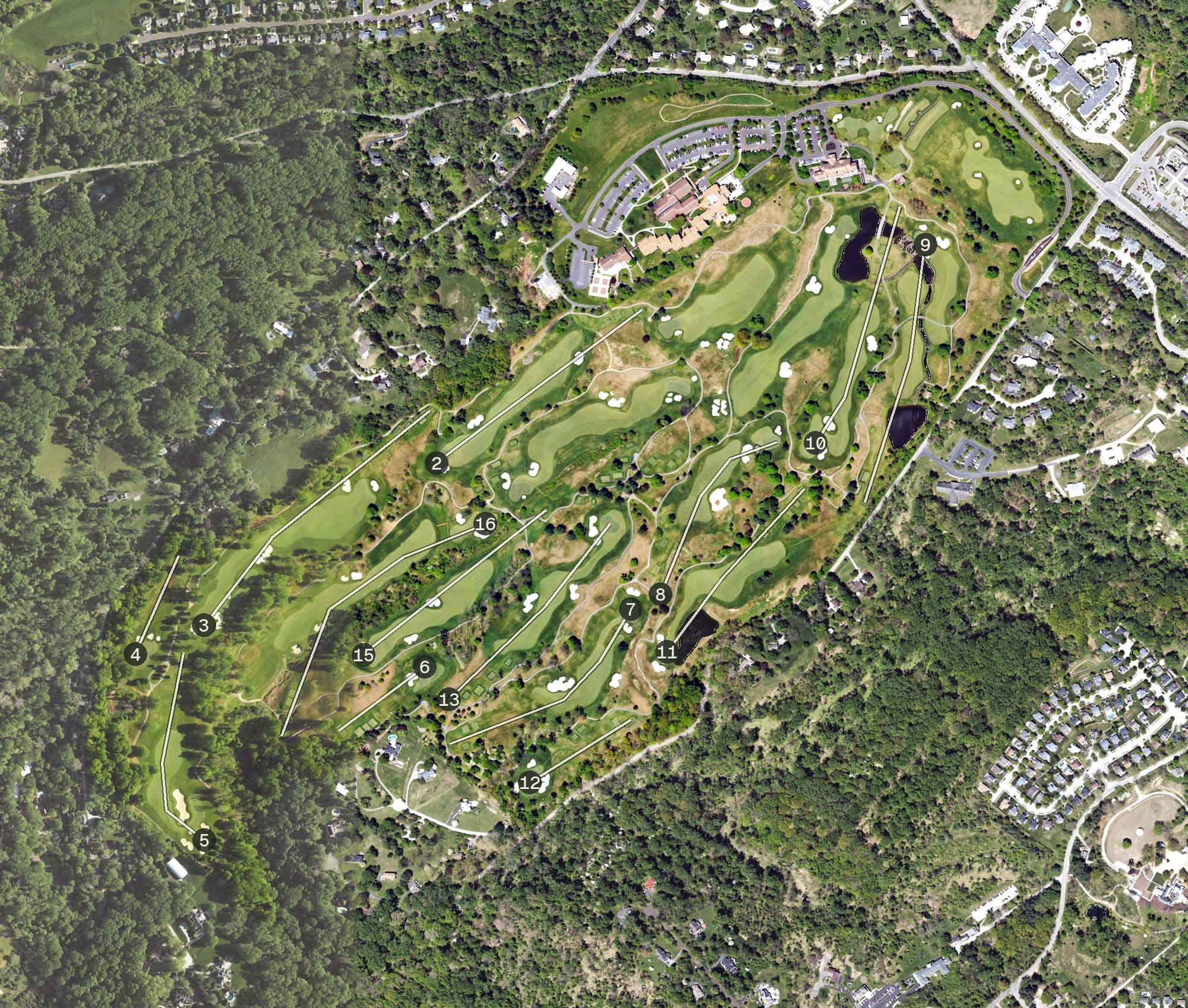 Aerial view of Union League Liberty Hill, PA, with its hole routing marked