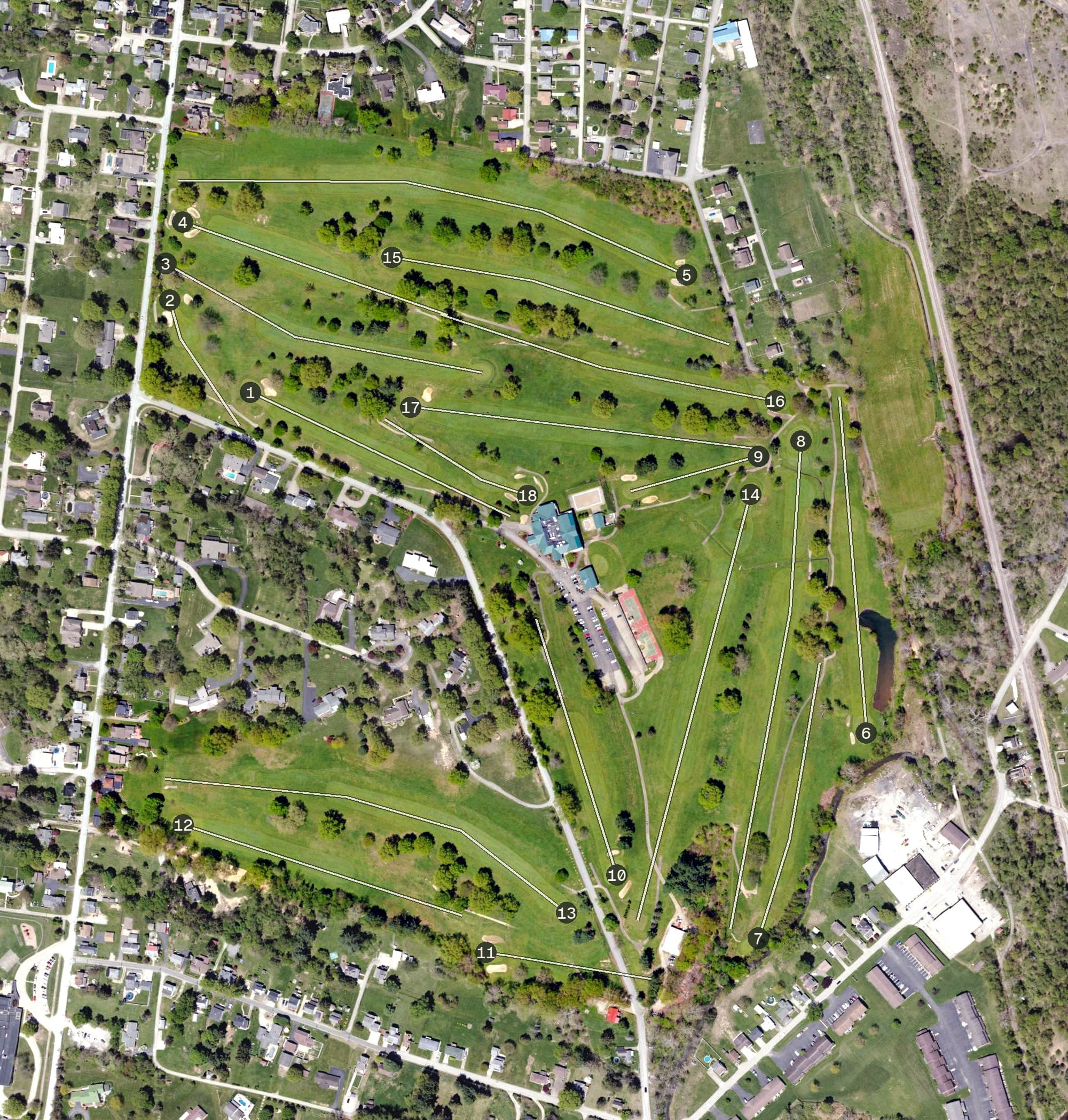 Aerial view of Uniontown Country Club, PA, with its hole routing marked