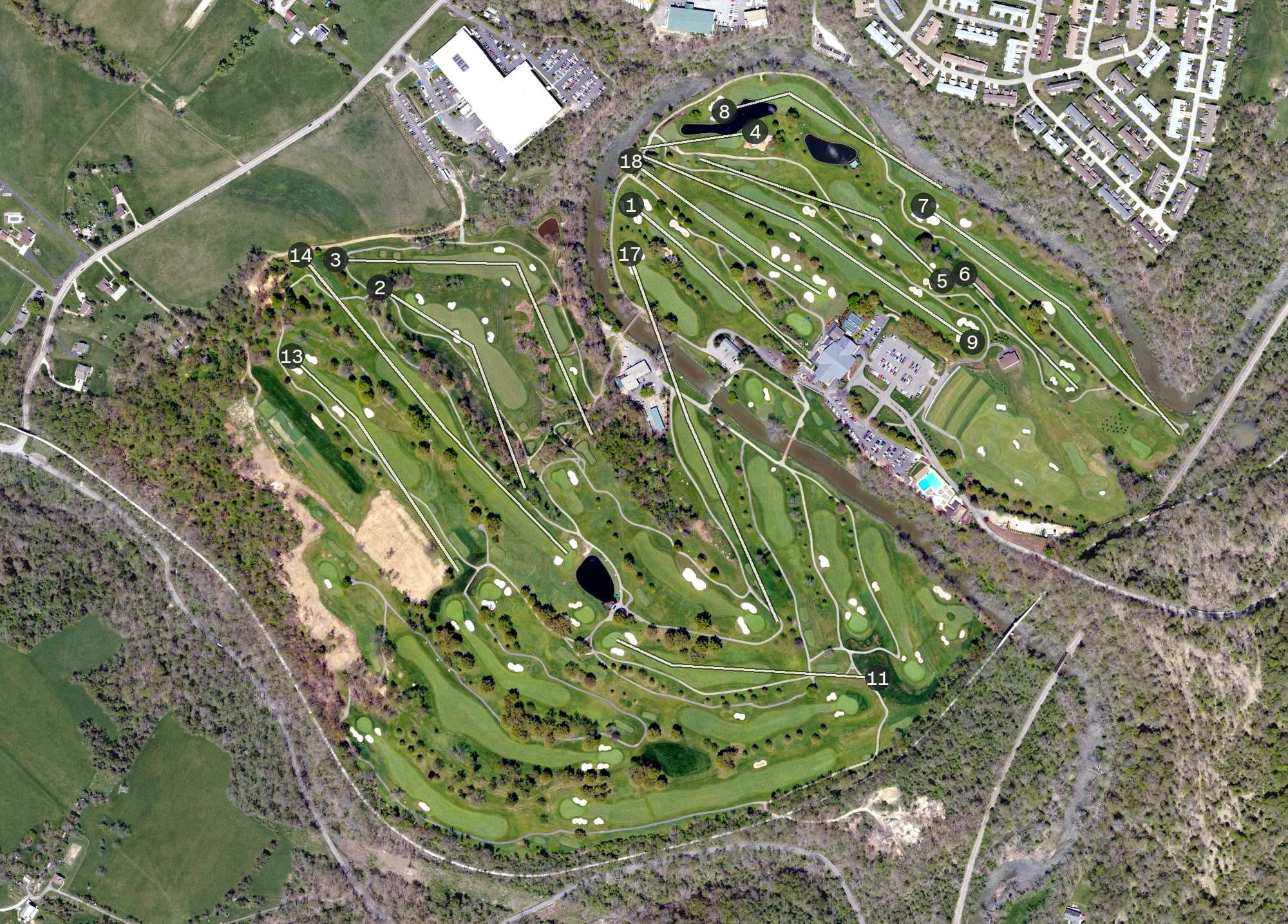 Aerial view of Valley Brook Country Club, PA, with its hole routing marked