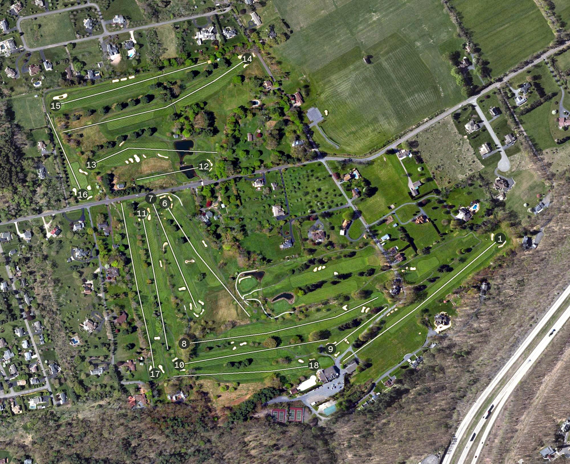 Aerial view of Valley Country Club, PA, with its hole routing marked