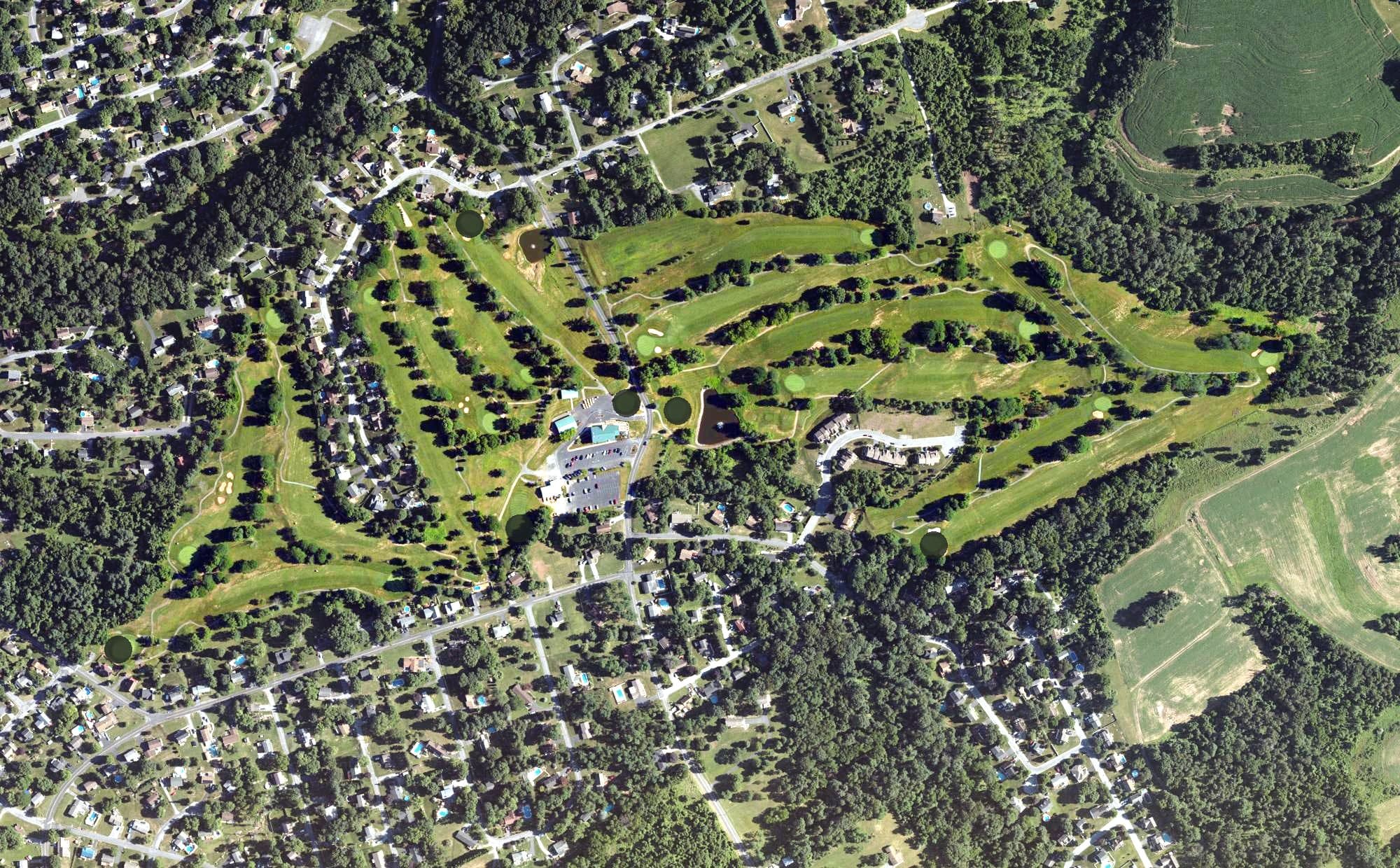 Aerial view of Valley Green Golf Course, PA, with its hole routing marked