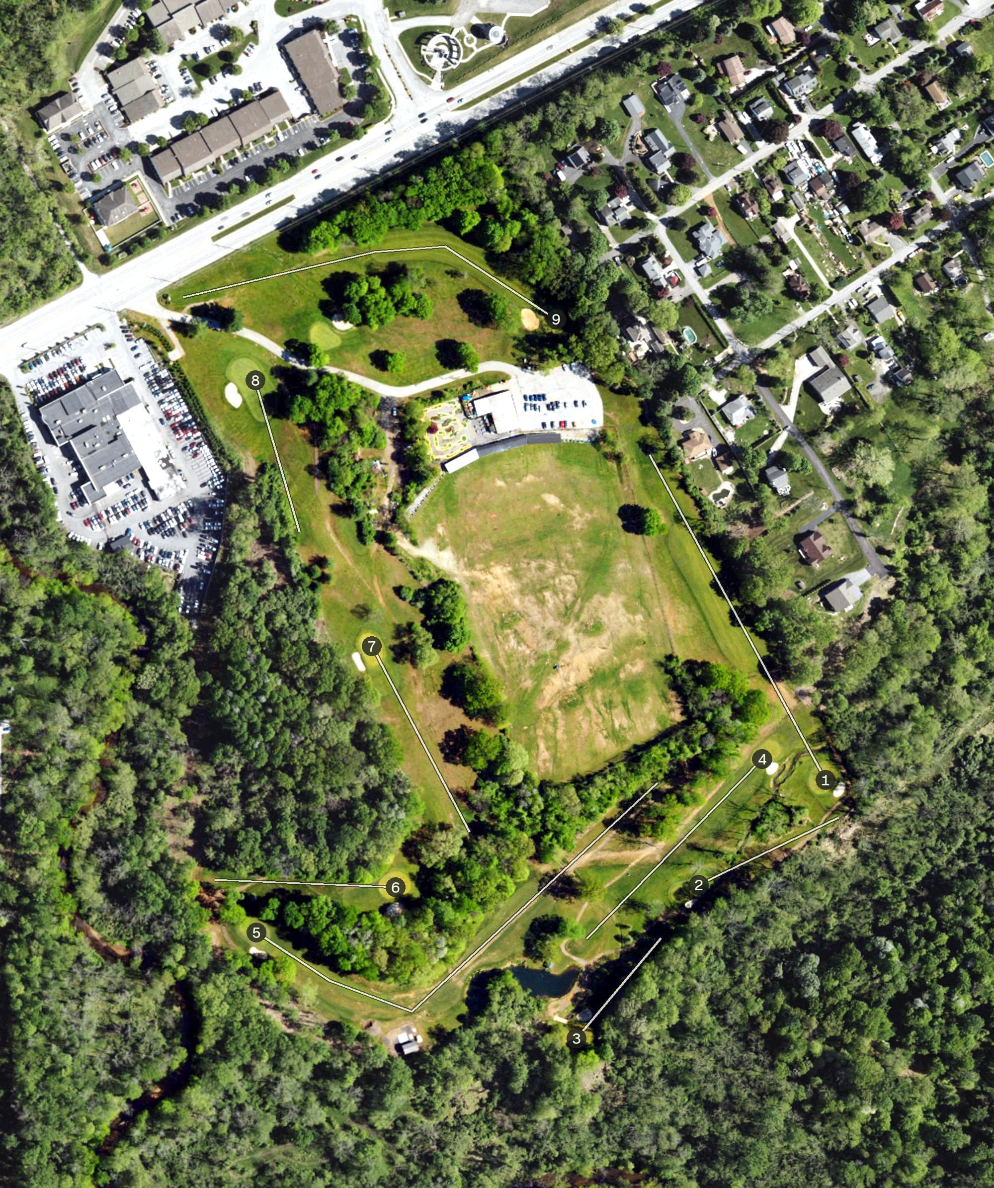 Aerial view of Valley View Golf, PA, with its hole routing marked