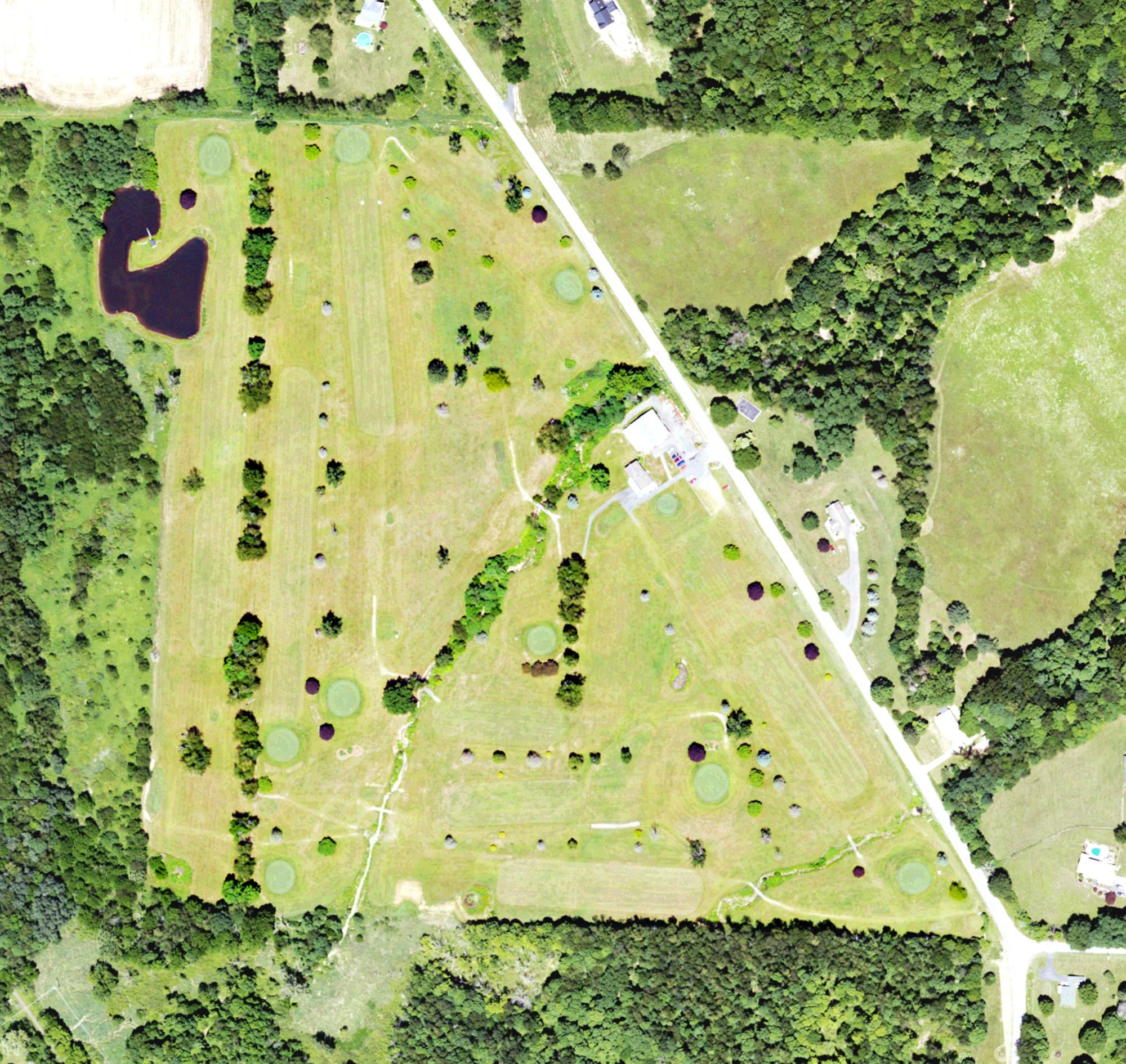 Aerial view of Walnut Creek Golf Course, PA, with its hole routing marked