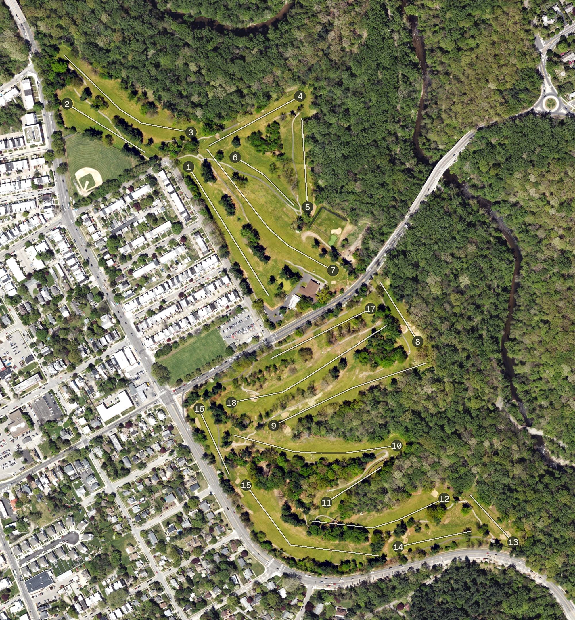 Aerial view of Walnut Lane Golf Course, PA, with its hole routing marked