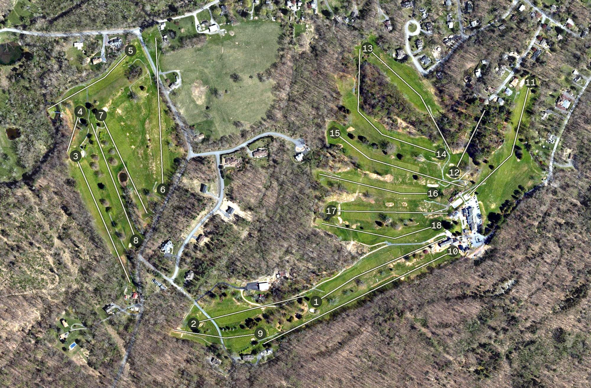 Aerial view of Water Gap Country Club and Resort, PA, with its hole routing marked