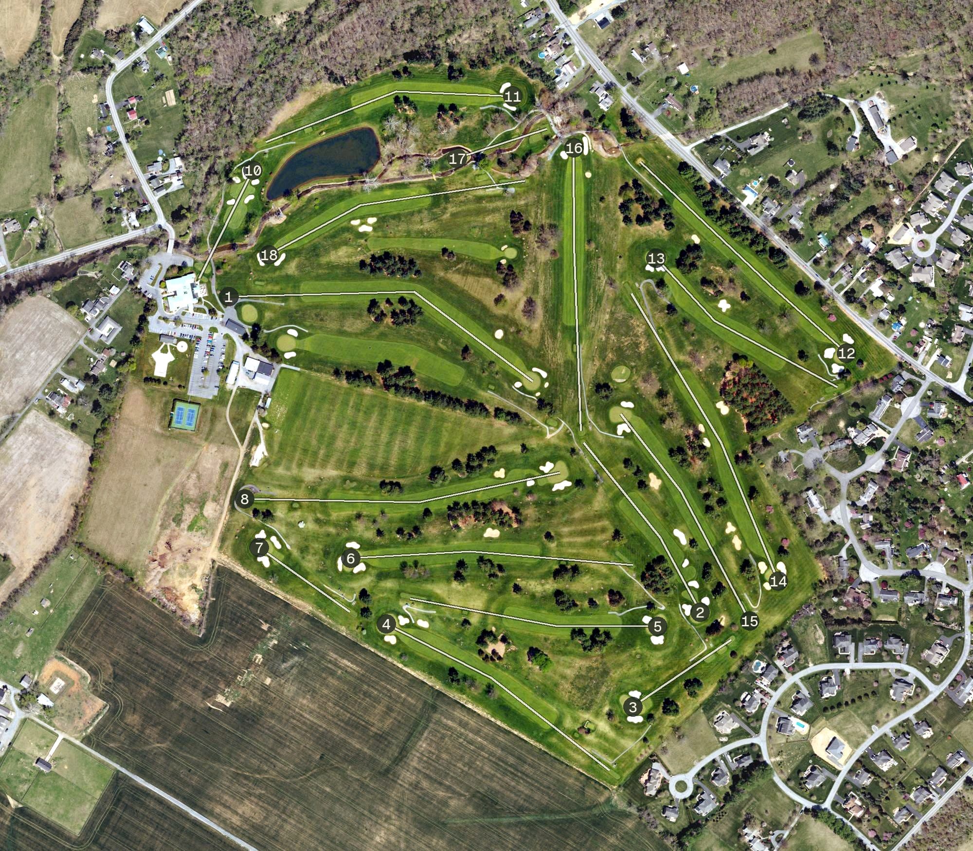 Aerial view of Waynesboro Country Club, PA, with its hole routing marked