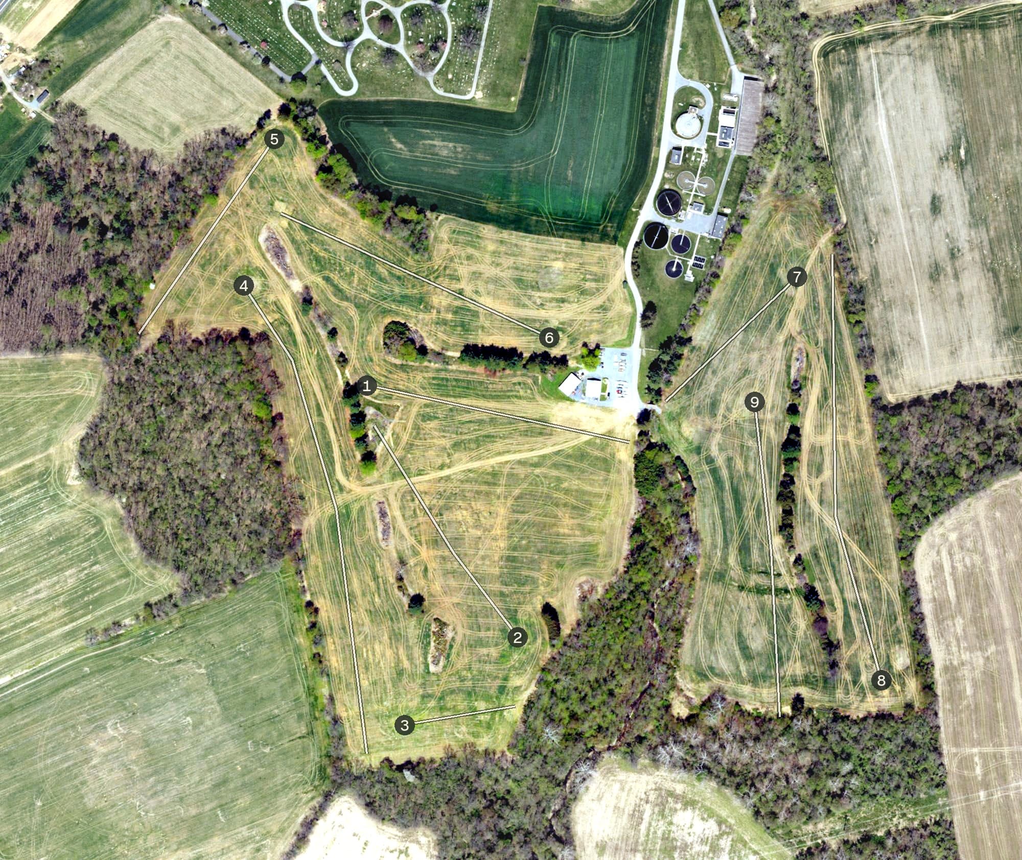 Aerial view of Waynesboro Municipal Golf Course, PA, with its hole routing marked