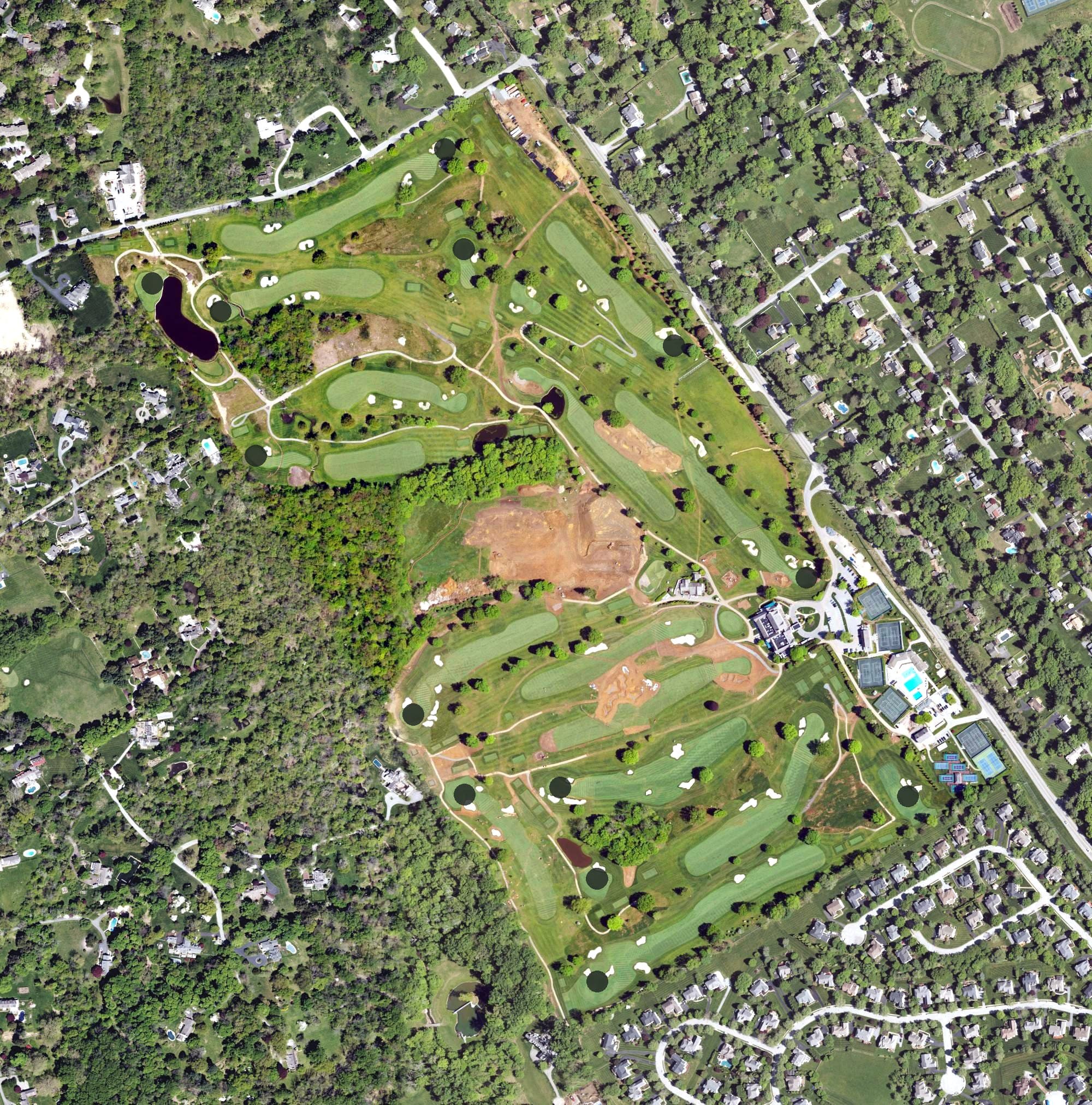 Aerial view of Waynesborough Country Club, PA, with its hole routing marked