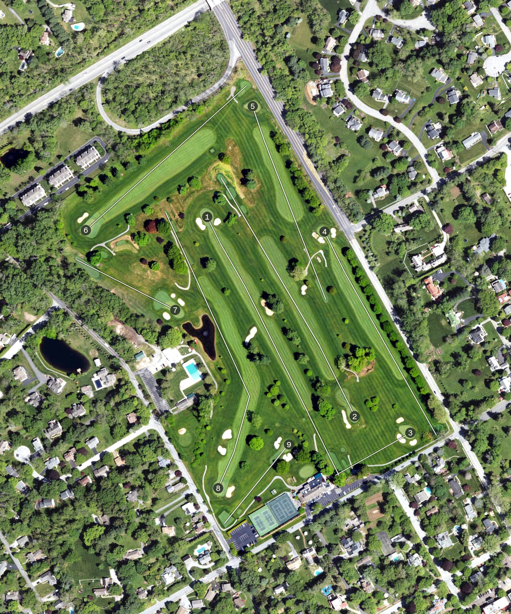 Aerial view of West Chester Country Club, PA, with its hole routing marked