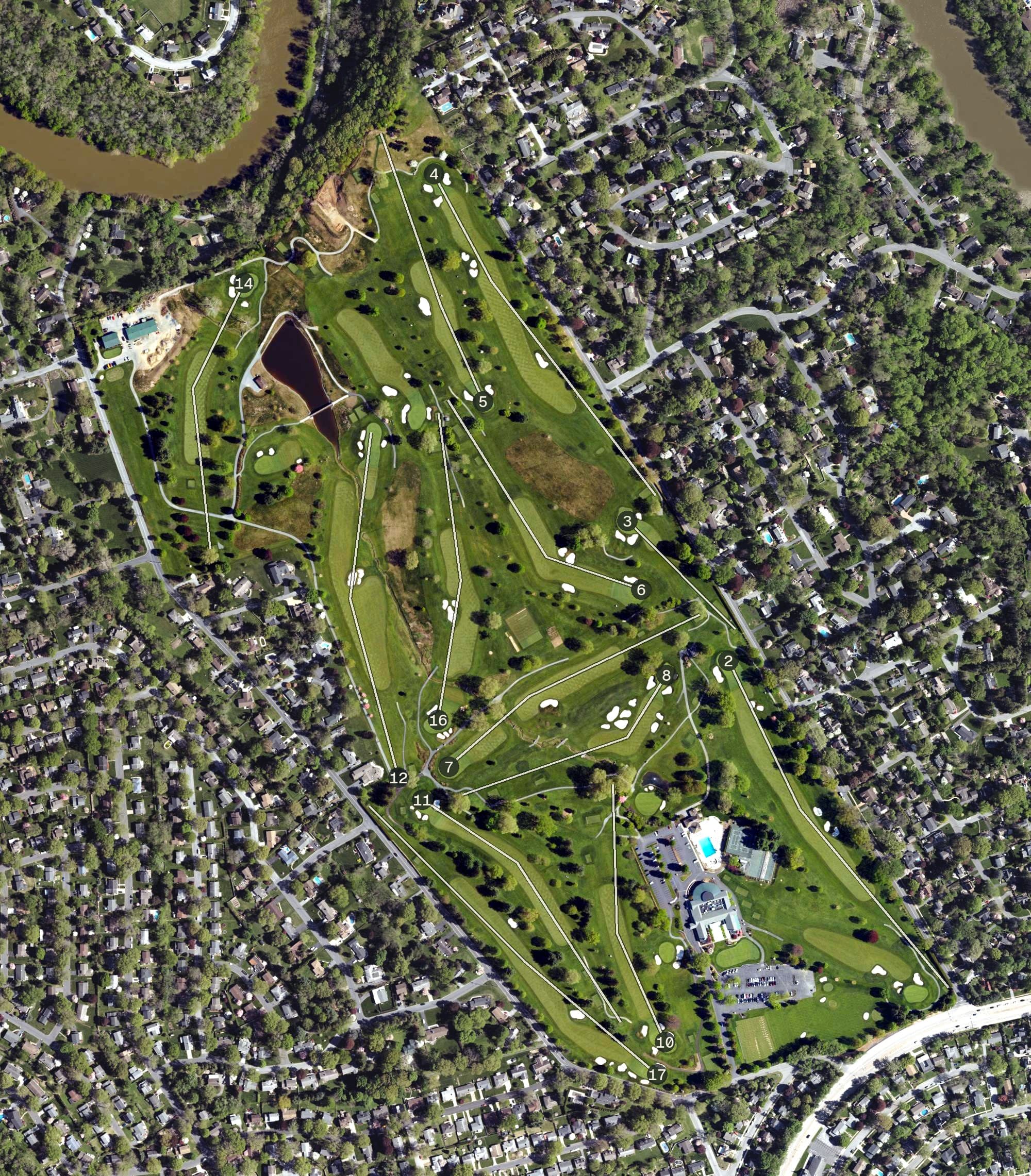 Aerial view of West Shore Country Club, PA, with its hole routing marked