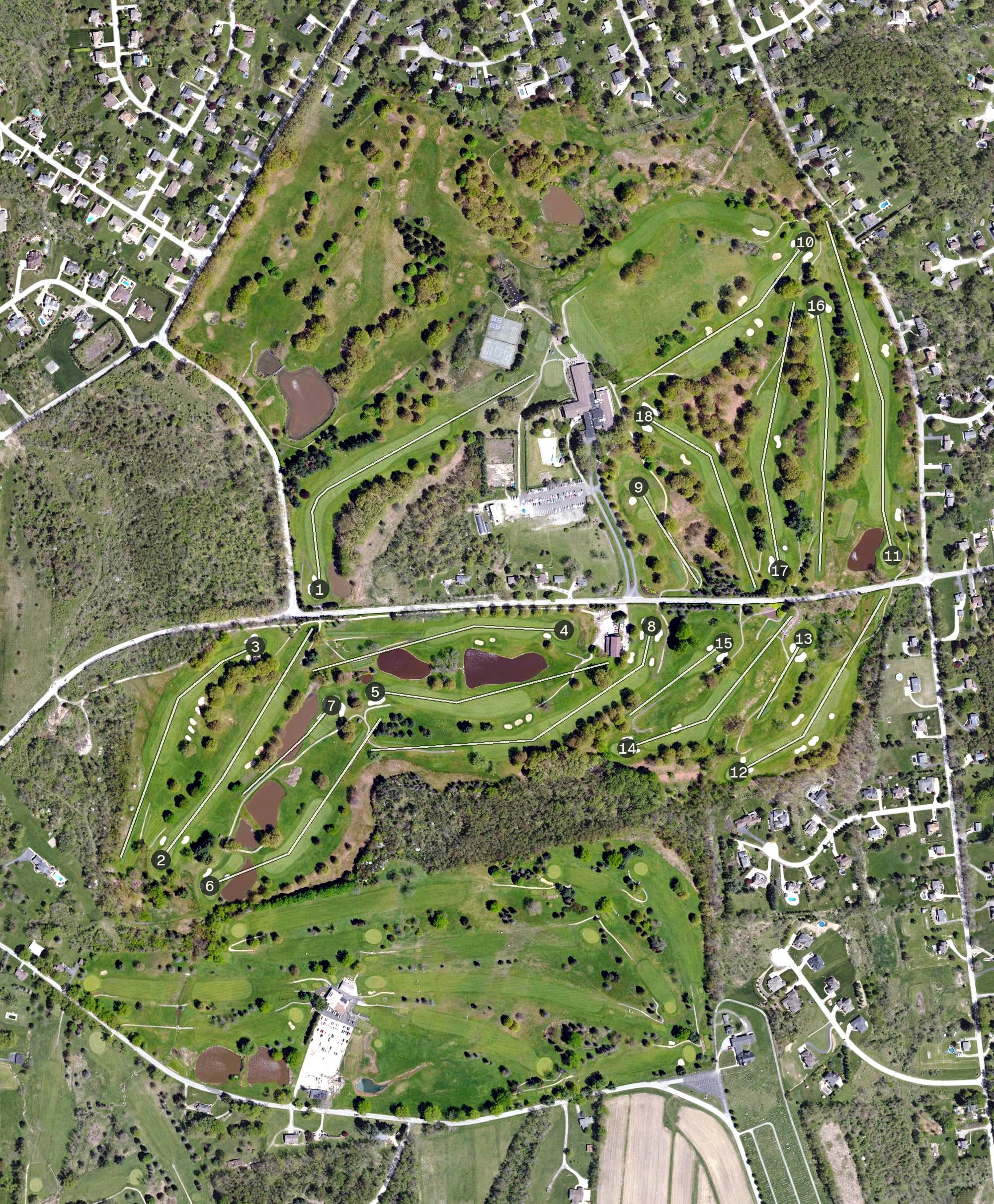 Aerial view of Westmoreland Country Club, PA, with its hole routing marked